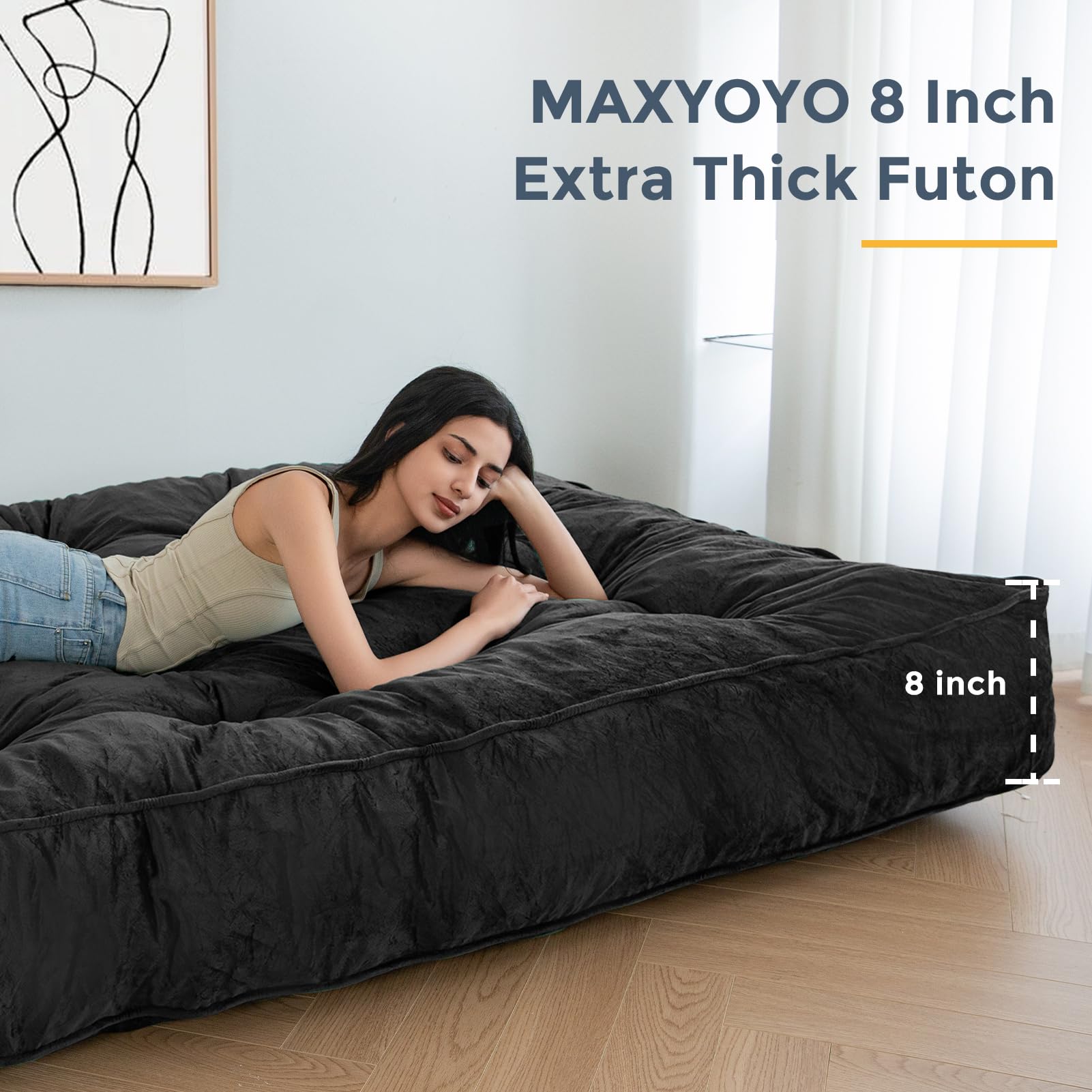 MAXYOYO 8-Inch Thick Velvet Tufted Futon Mattress for Sofa Bed - Luxurious Comfort for Adults (Mattress Only, Black) - Perfect for Small Spaces, Guest Rooms & Studio Apartments