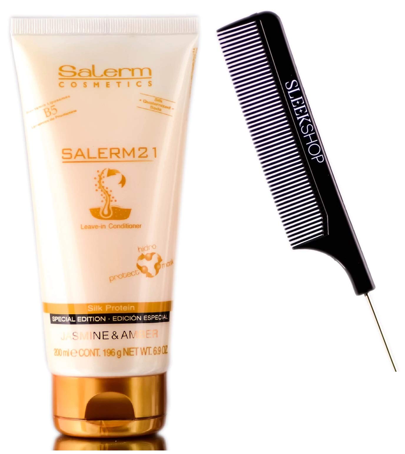 Salerm Cosmetics 21 Leave-In Conditioner for Damaged Hair - Jasmine & Amber Silk Protein Treatment, Special Edition with Sleekshop Stinaface Comb (6.9 oz / 200 ml) | Hydrating Hair Mask for Dry, Frizzy Hair - Perfect for Salon-Quality Results at Home