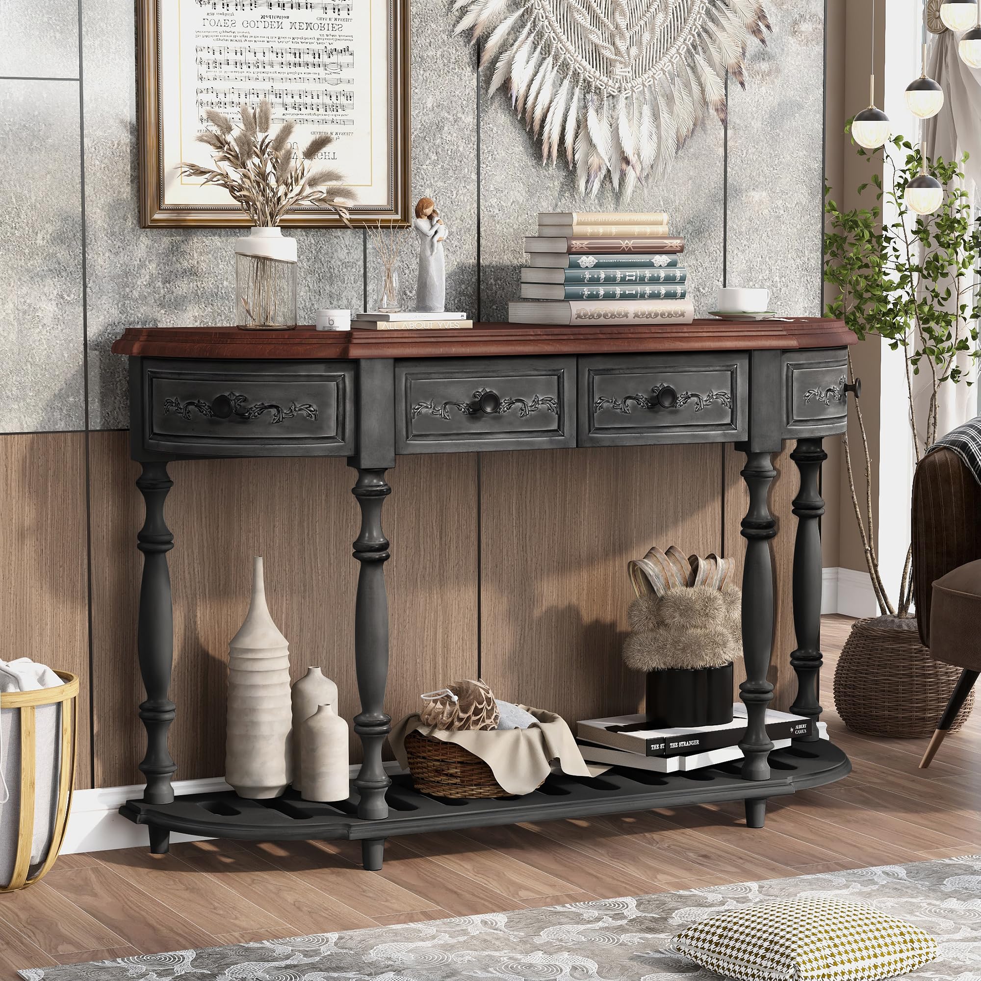 Vintage Round Console Table with 4 Drawers & Bottom Shelf - Retro Sofa Table for Entryway, Hallway & Living Room - Antique Style Storage Sideboard for Home Decor & Small Space Organization
