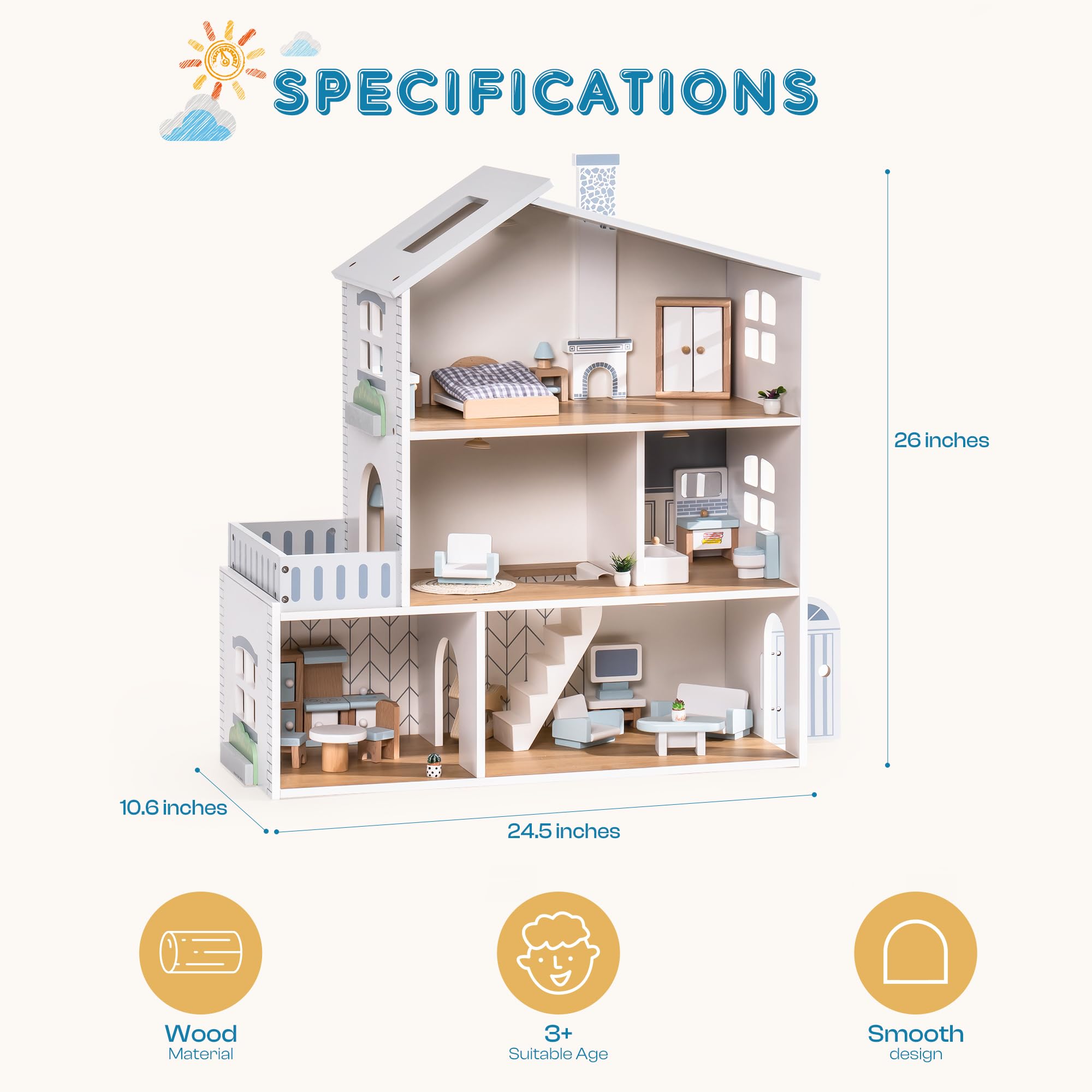 ROBOTIME Wooden Dollhouse with 29 Pieces of Furniture - 6 Room Miniature House for 4-6 Inch Dolls - Creative Gift for Kids Ages 3+ - Perfect for Pretend Play, Birthday Gifts & Home Decor