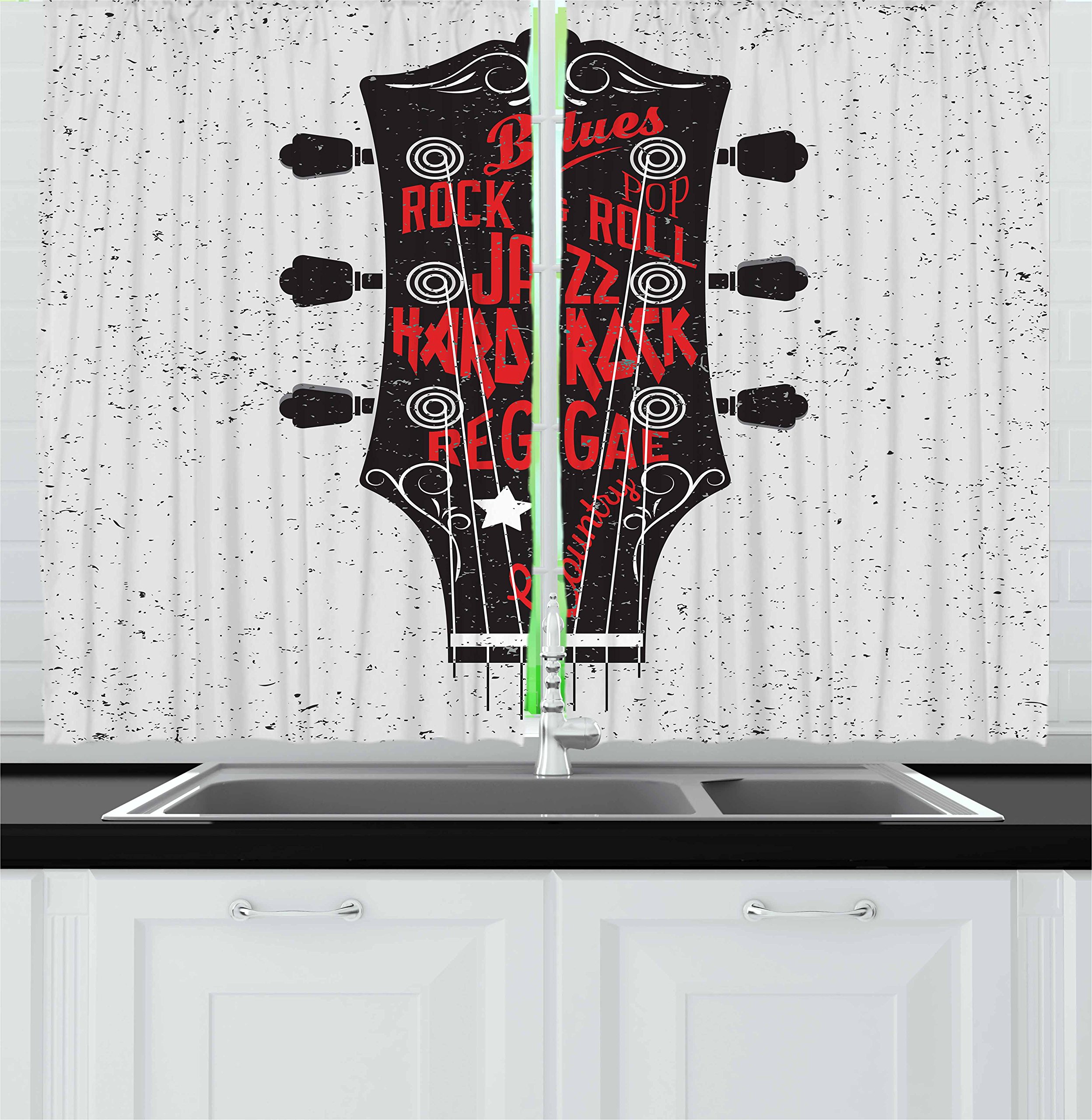 Ambesonne Guitar Kitchen Curtains - Hand Drawn Music Theme with Blues, Pop, Rock, Reggae & Country Designs - 2 Panel Window Drapes for Kitchen & Cafe Decor (55