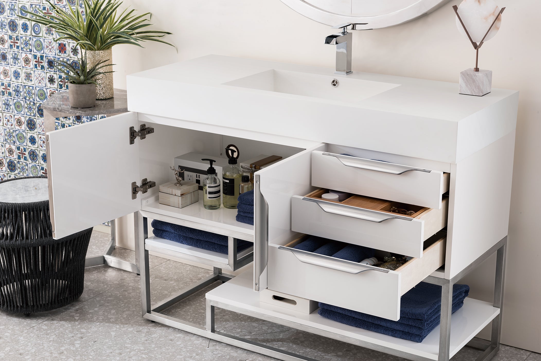 Columbia 48 Inch Single Bathroom Vanity with Glossy White Finish & Composite Top - Perfect for Modern Master Bathrooms and Guest Bathroom Remodels