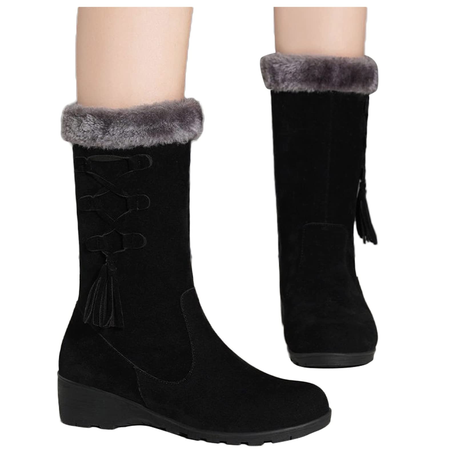 Waterproof Insulated Snow Boots for Women - Non-Slip Winter Hiking Boots with Wedge Heel, Tassel & Velvet Design, Warm Fuzzy Fur Lining, Side Zipper & Lace-Up Closure - Perfect for Snowy Days, Outdoor Adventures & Winter Fashion (Black)