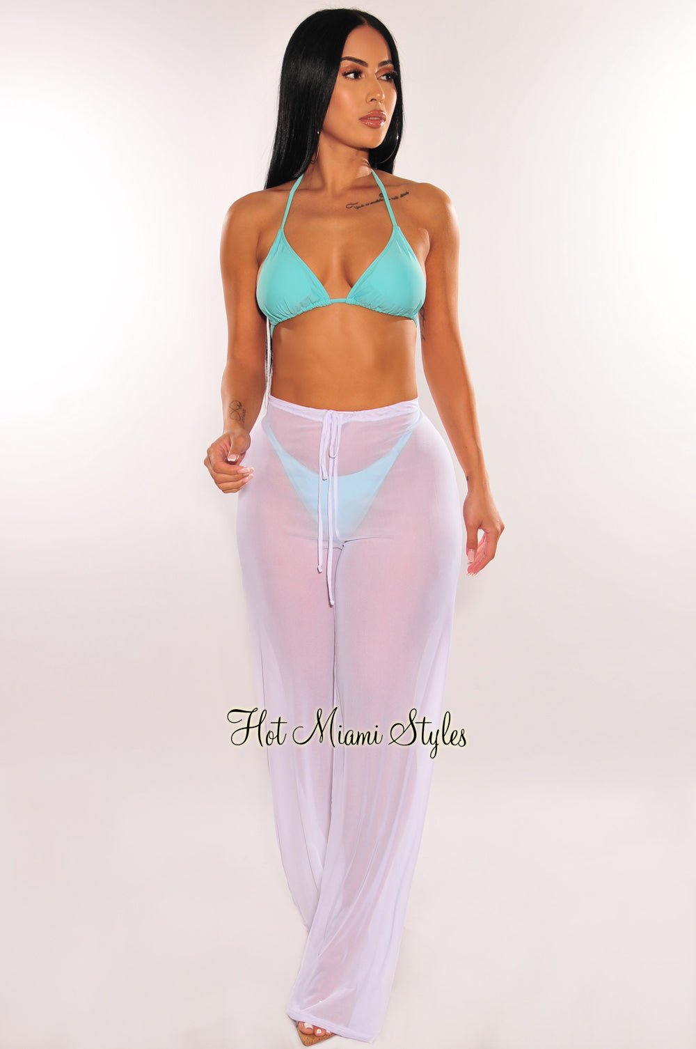 White Mesh Drawstring Palazzo Cover Up Pants - Lightweight Beachwear for Women, Summer Vacation, Poolside Lounging