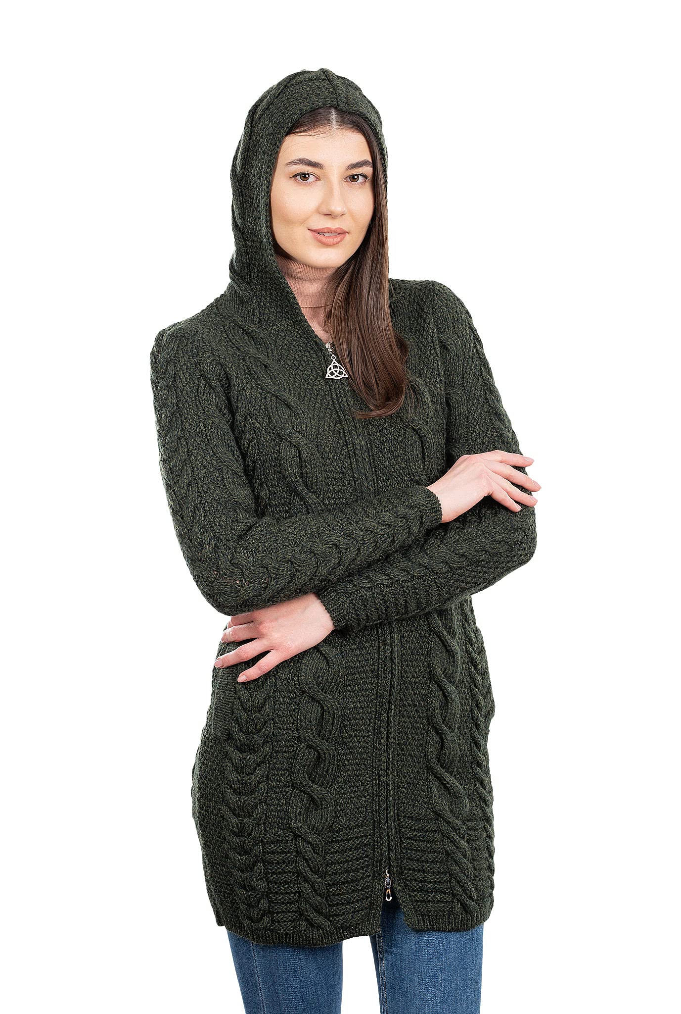 SAOL 100% Merino Wool Aran Cable Knit Hooded Zip Cardigan Irish Coat - Warm Winter Sweater for Women, Cozy Oversized Pullover for Outdoor Hiking & Casual Wear