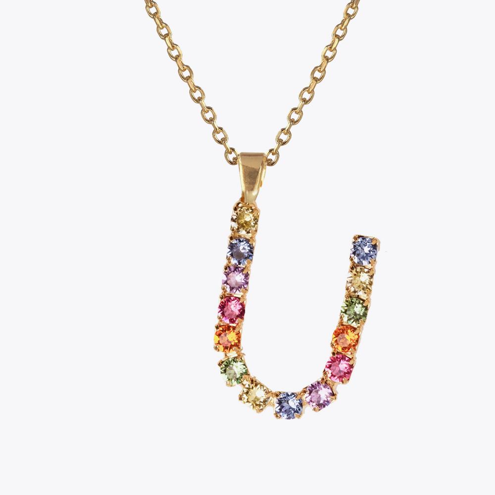 Personalized Letter Necklace U - Custom Initial Pendant with Rainbow Charm | Perfect for Birthdays, Anniversaries & Gifts for Her