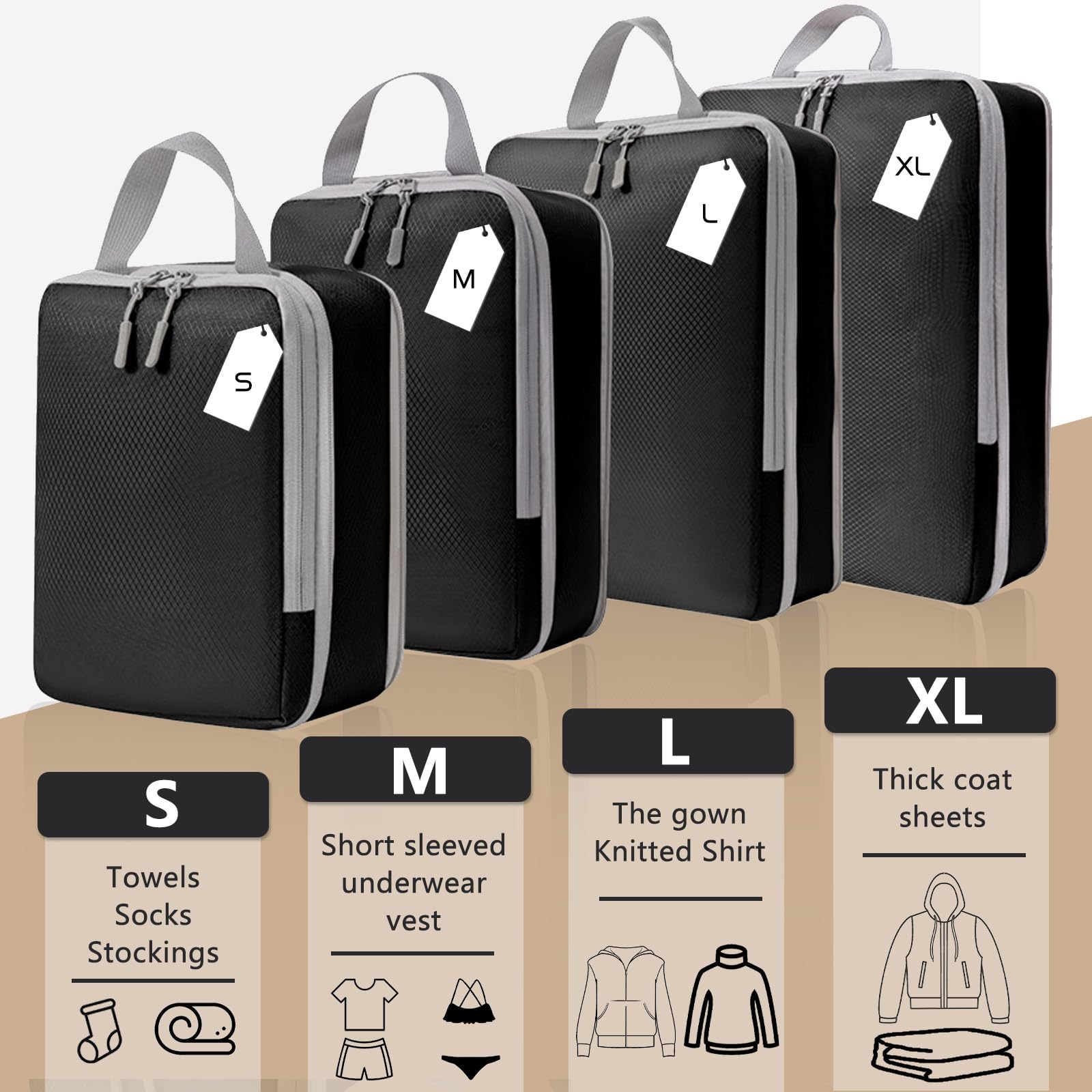 8-Piece Compression Packing Cubes Set for Travel - Luggage Organizer Bags for Women & Men (Black) | Perfect for Suitcase Organization, Business Trips & Vacation Packing