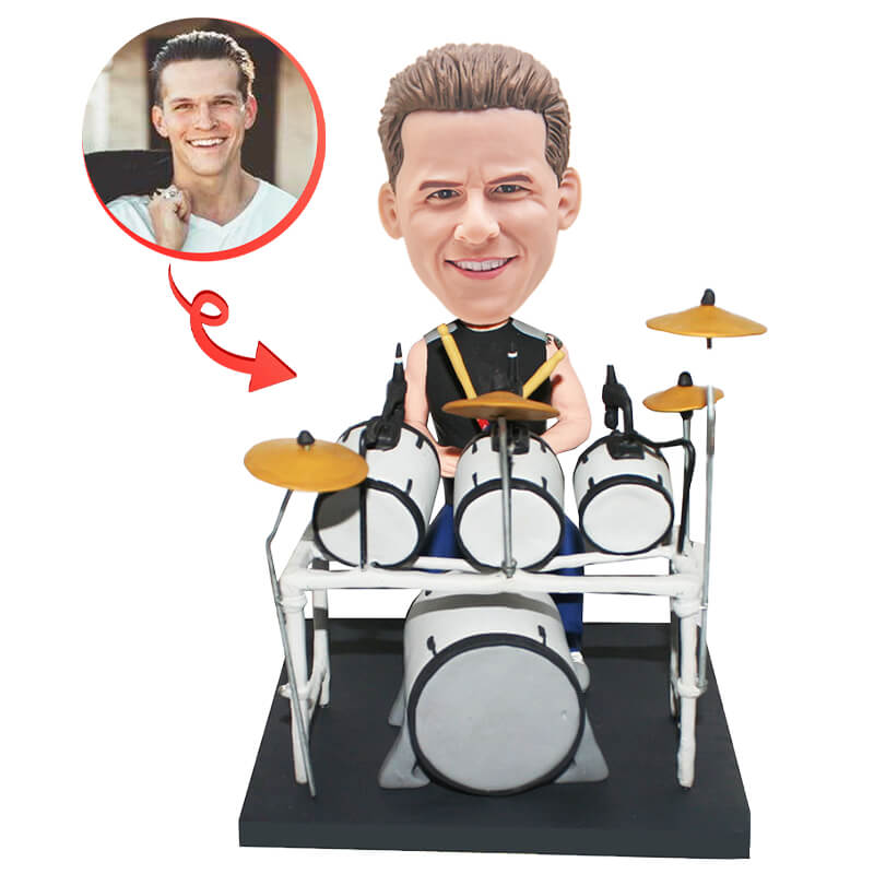 Custom Drummer Bobblehead - Personalized Seated Behind Full Drum Set Figurine - Perfect for Musicians, Drum Teachers, and Music Lovers as Gifts or Decor