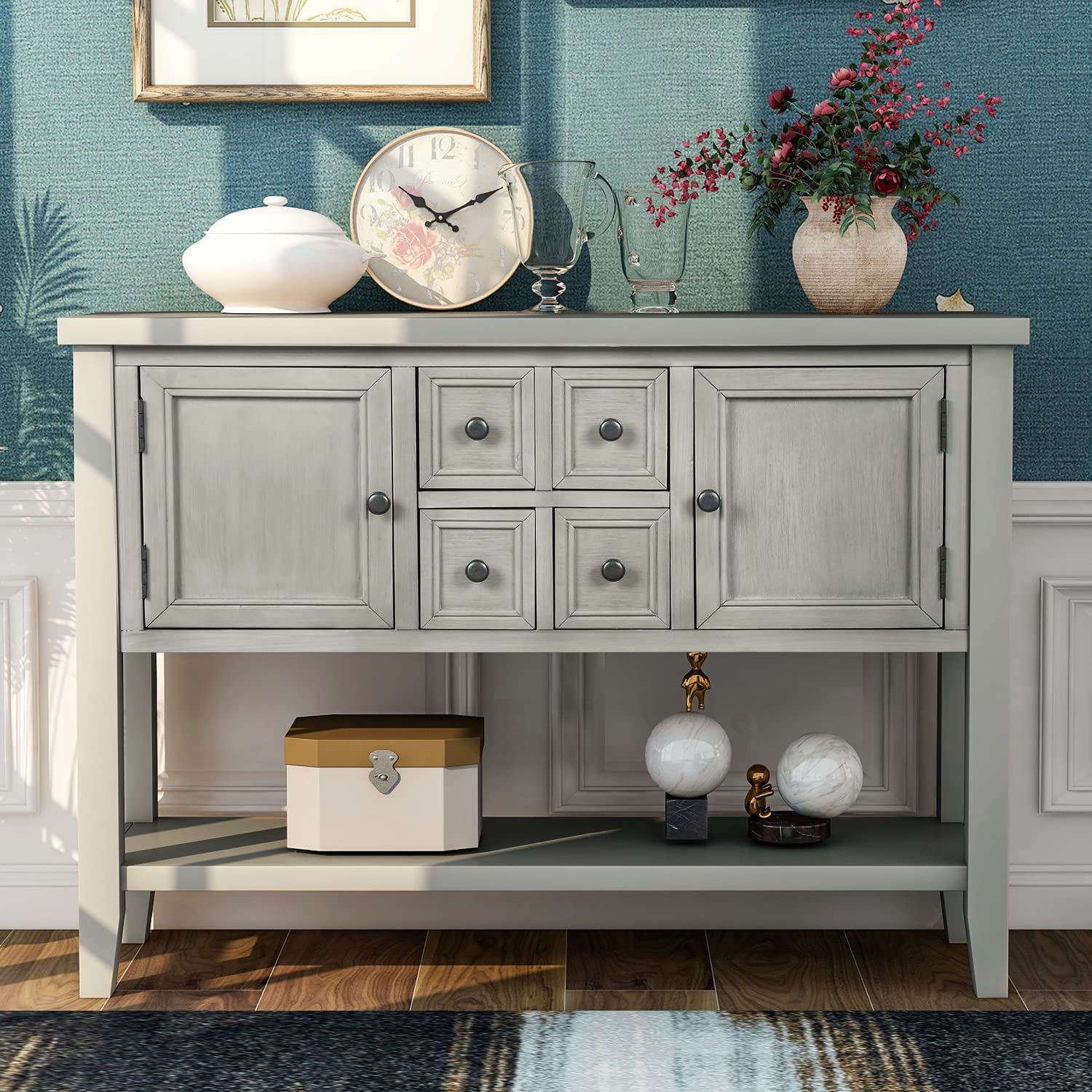 Modern Solid Wood Console Table with 6 Drawers - Retro Buffet Cabinet for Dining & Living Room