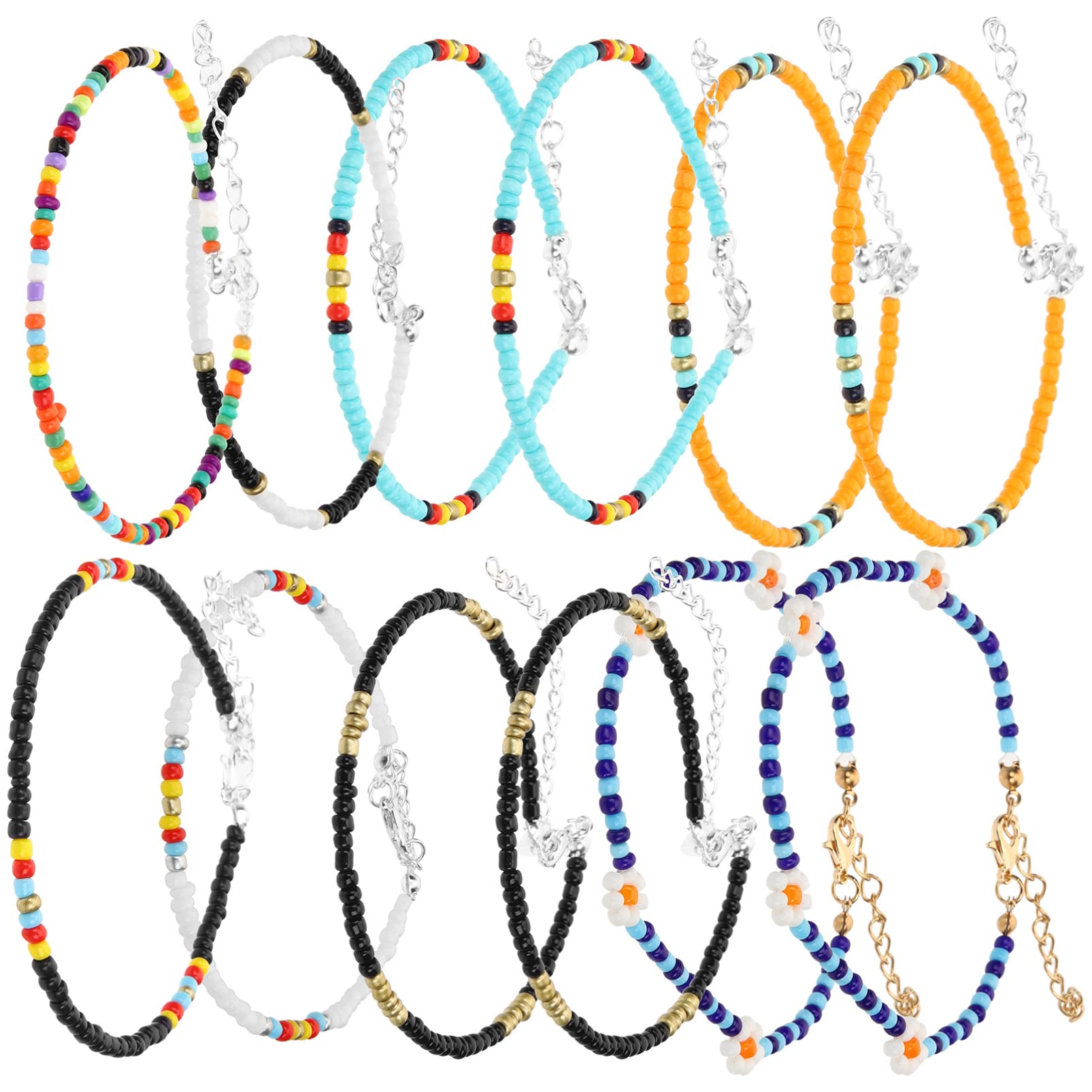 LIFKOME 12 Pack Handmade Bohemian Beaded Necklace & Anklet Set for Women - Adjustable Colorful Bead Bracelets, Random Style - Perfect for Beach, Festival & Boho Fashion Accessories