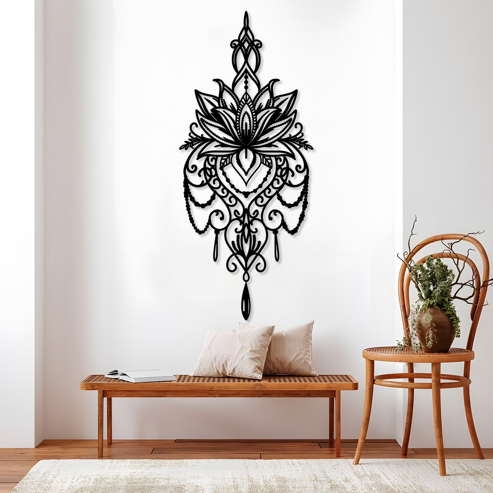 OSTCAL Black Metal Mandala Wall Art Decor - 48x21in (122x53cm) Spiritual Yoga Meditation Wall Hanging for Living Room, Bedroom & Studio - Handcrafted Metal Flower Design for Boho Home Decor