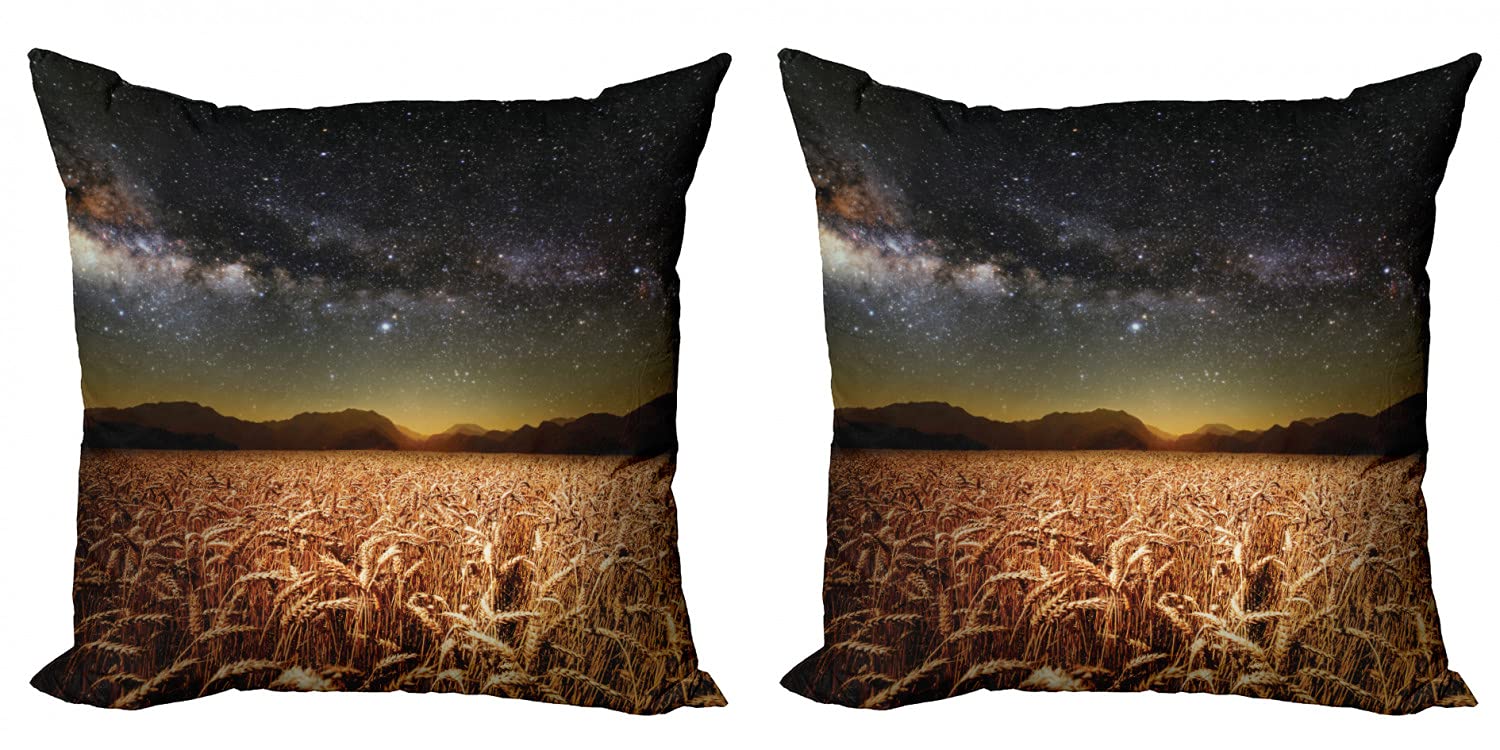 Ambesonne 2-Pack Space Themed Decorative Throw Pillow Covers - Wheat Field Meadow Under Starry Night Sky, Twilight Harvest Rural Art Print - 16