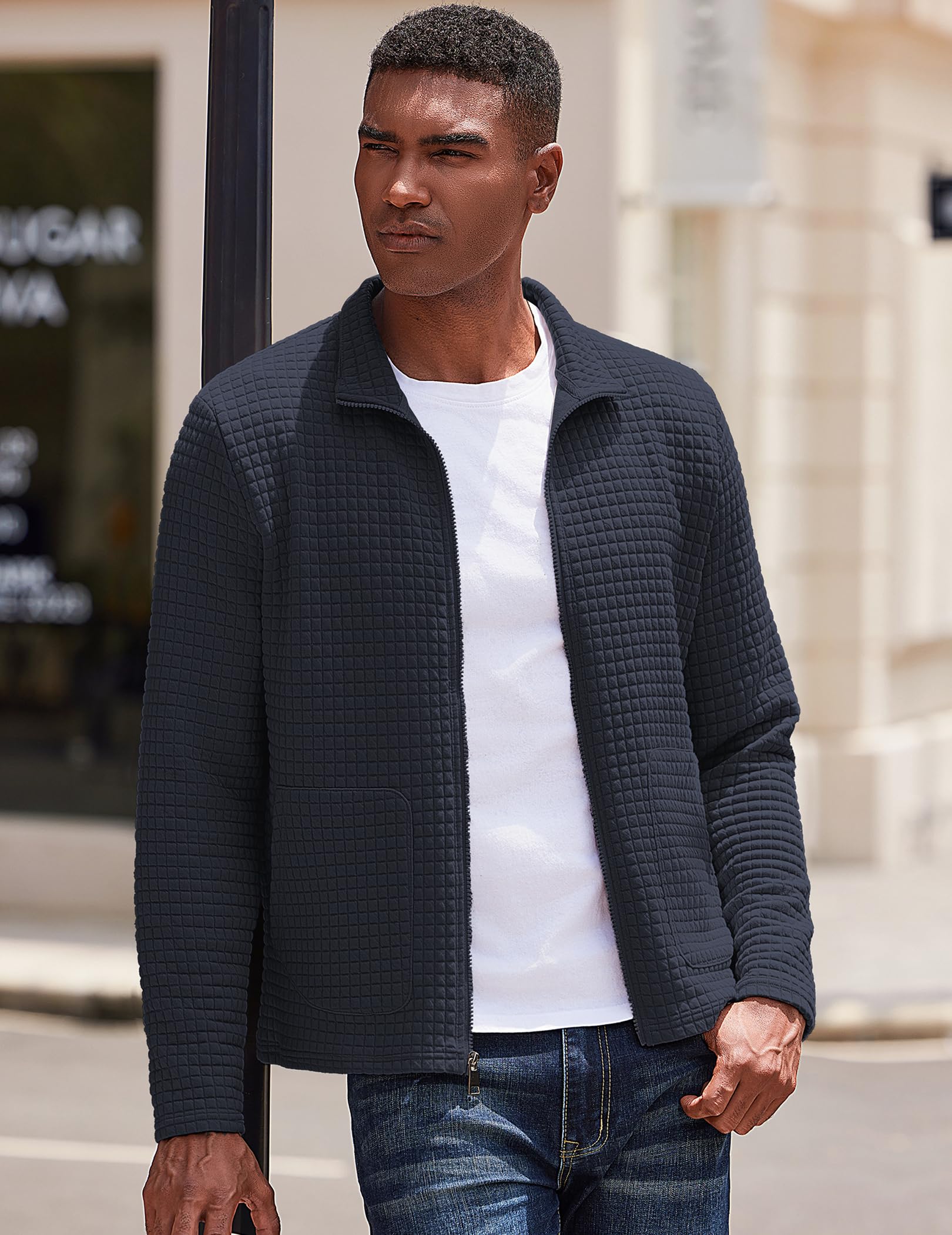 COOFANDY Men's Lightweight Varsity Jacket - Casual Bomber Jacket with Waffle Texture & Zip-Up Front Pockets | Perfect for Spring/Fall Outerwear, Streetwear Fashion & Everyday Casual Wear