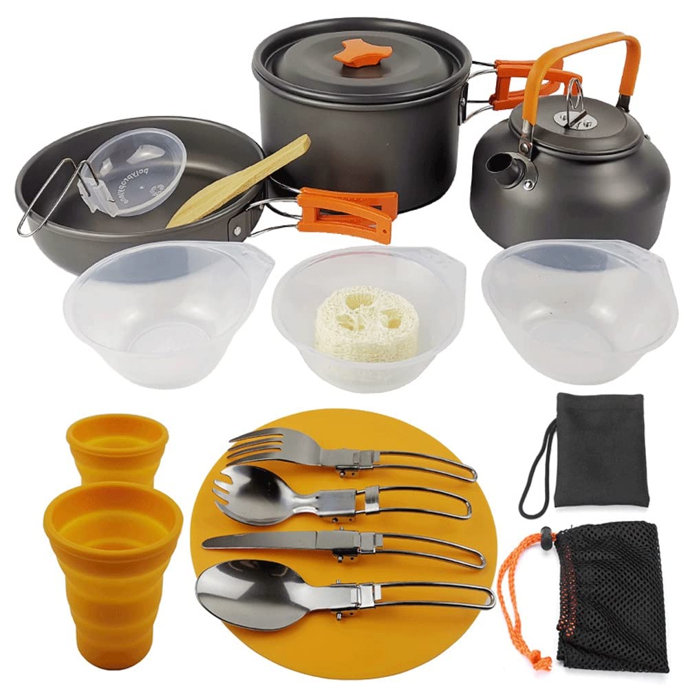 **Lightweight Camping Cookware Set - Portable Pot, Pan, Kettle with Fork, Knife & Spoon - Perfect for Outdoor Camping, Hiking & Picnics (Orange)**