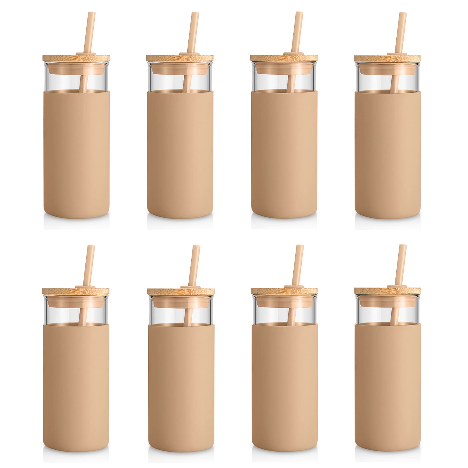 20 oz Glass Tumbler with Bamboo Lid & Silicone Sleeve - BPA Free Reusable Water Bottle with Straw - 8 Pack Amber Tumbler Set for Home, Office, Travel & Outdoor Activities