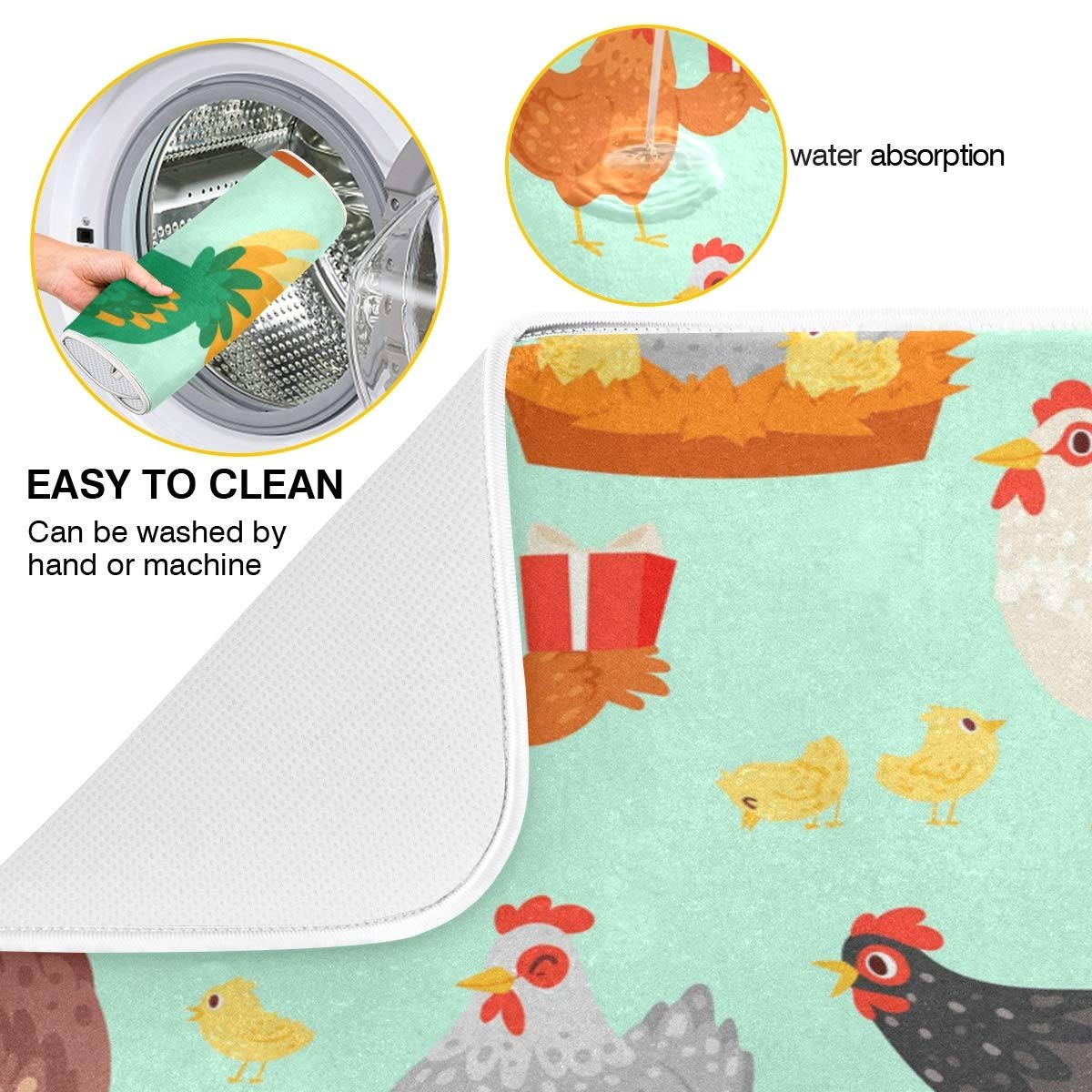 Microfiber Dish Drying Mat 16x18 Inch - Absorbent Chicken Design for Kitchen Counter - Perfect for Dishes & Utensils