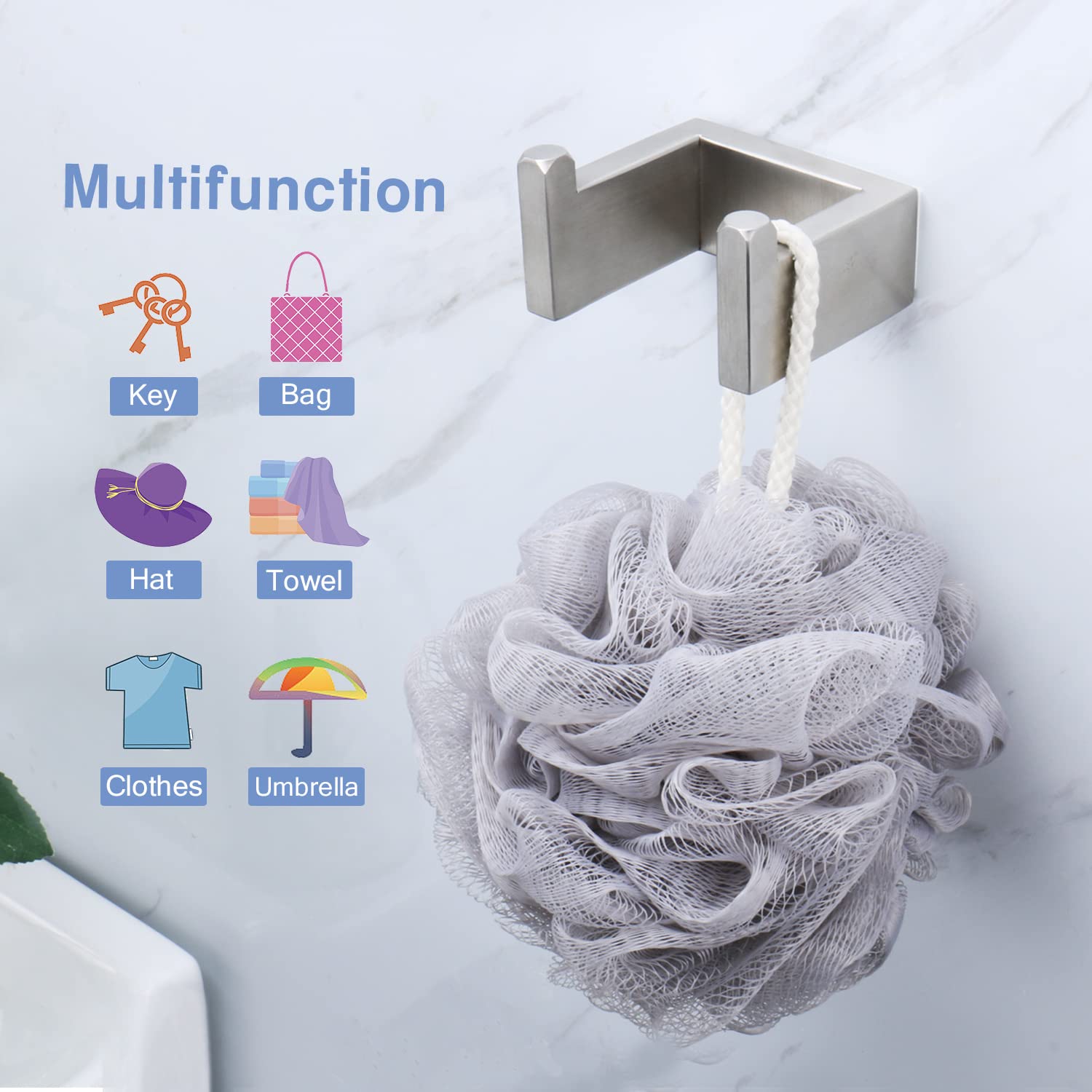 TocTen 2 Pack Stainless Steel Bath Towel Hooks - Heavy Duty 304 SUS Wall Mounted Robe Hooks for Bathroom, Kitchen & Office - Square Design Coat Hangers (2.2 Inch, Brushed Nickel) - Perfect for Hanging Towels, Robes, Coats & Bags in Home & Commercial Spaces