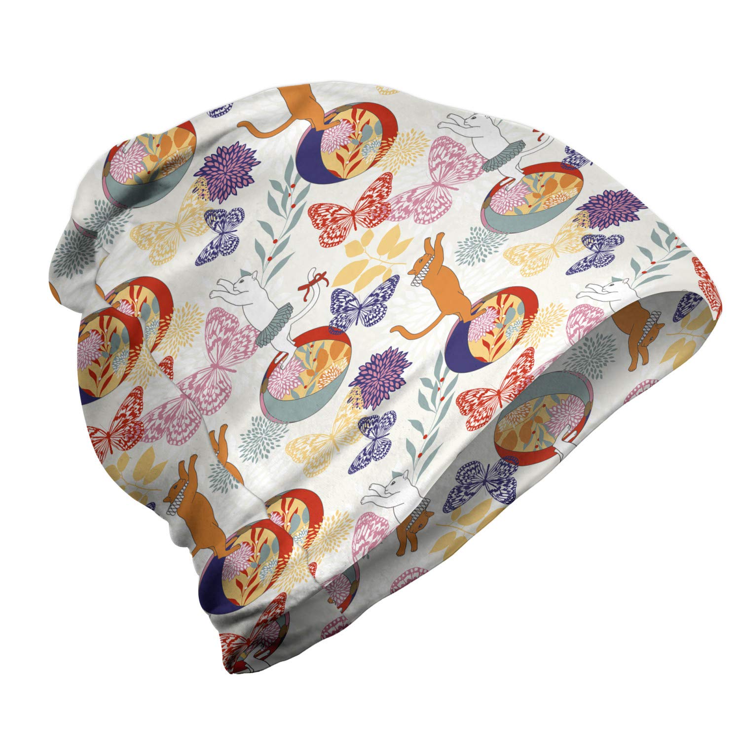 Ambesonne Unisex Beanie - Ornate Cats and Butterflies Design - Warm Knit Winter Hat for Men & Women - Perfect for Hiking, Outdoor Activities & Cold Weather Fashion