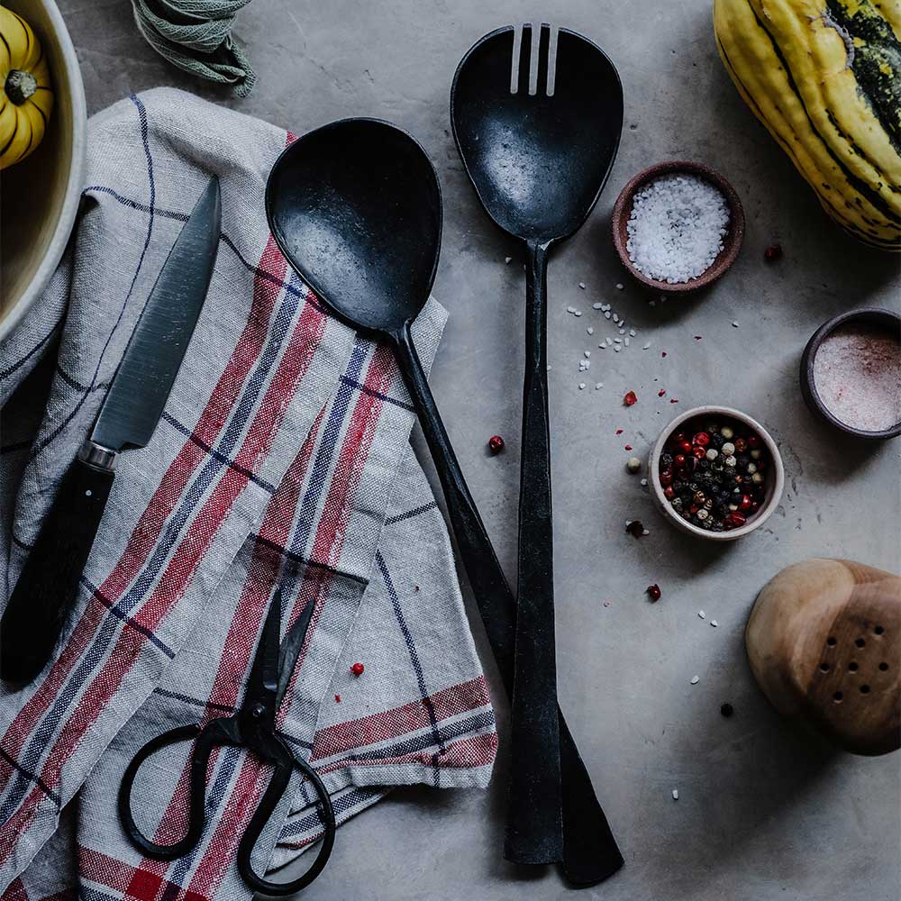 Hand-Forged Rustic Serving Utensil Set - 3-Piece Wooden Kitchen Tools for Cooking, Serving & Entertaining - Perfect for Farmhouse Dining, BBQ Parties & Holiday Gatherings