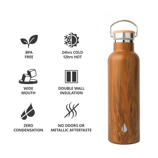 Elemental Classic 25oz Stainless Steel Water Bottle - Double Wall Insulated, Leak Proof Thermos with Bamboo Lid & Teak Wood Finish - Perfect for Travel, Gym, Sports, Hiking & Everyday Hydration