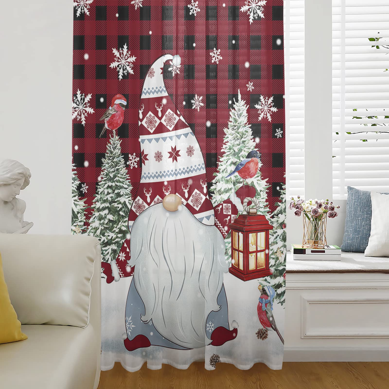 Christmas Gnome Semi Sheer Voile Curtains - 1 Panel Red Black Plaid Xmas Tree Snowflake Bird Design - 52x54 Inch Rod Pocket Window Drapes for Bedroom & Living Room Holiday Decor
