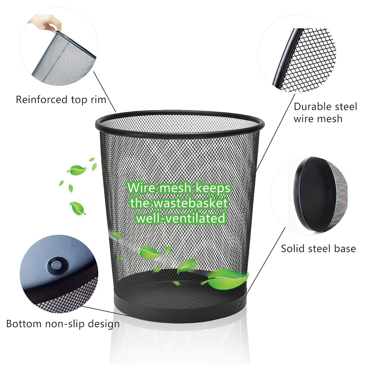 10-Pack 6 Gallon Black Mesh Trash Cans - Open Metal Wire Waste Baskets for Office, Home & School - Ideal for Desk-Side Recycling & Garbage Disposal - Durable Waste Containers for Paper, Plastic & General Trash