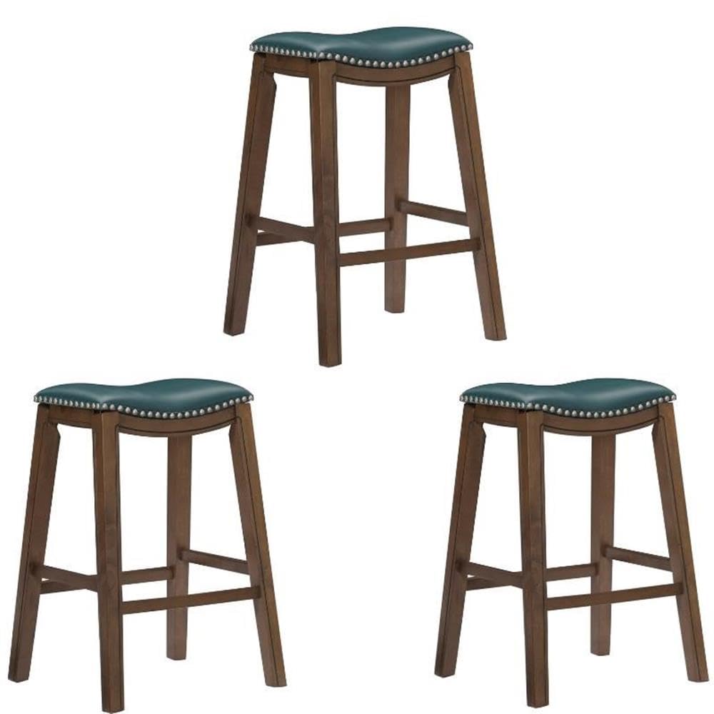 3-Pack Green Upholstered Faux Leather Backless Bar Stools Set - 29