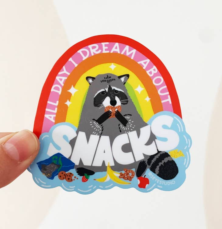 Funny Raccoon Vinyl Sticker - Cute 'All Day I Dream About Snacks' Decal for Laptops, Water Bottles & Notebooks - Durable Waterproof Stickers for DIY Crafts, Gifts & Scrapbooking