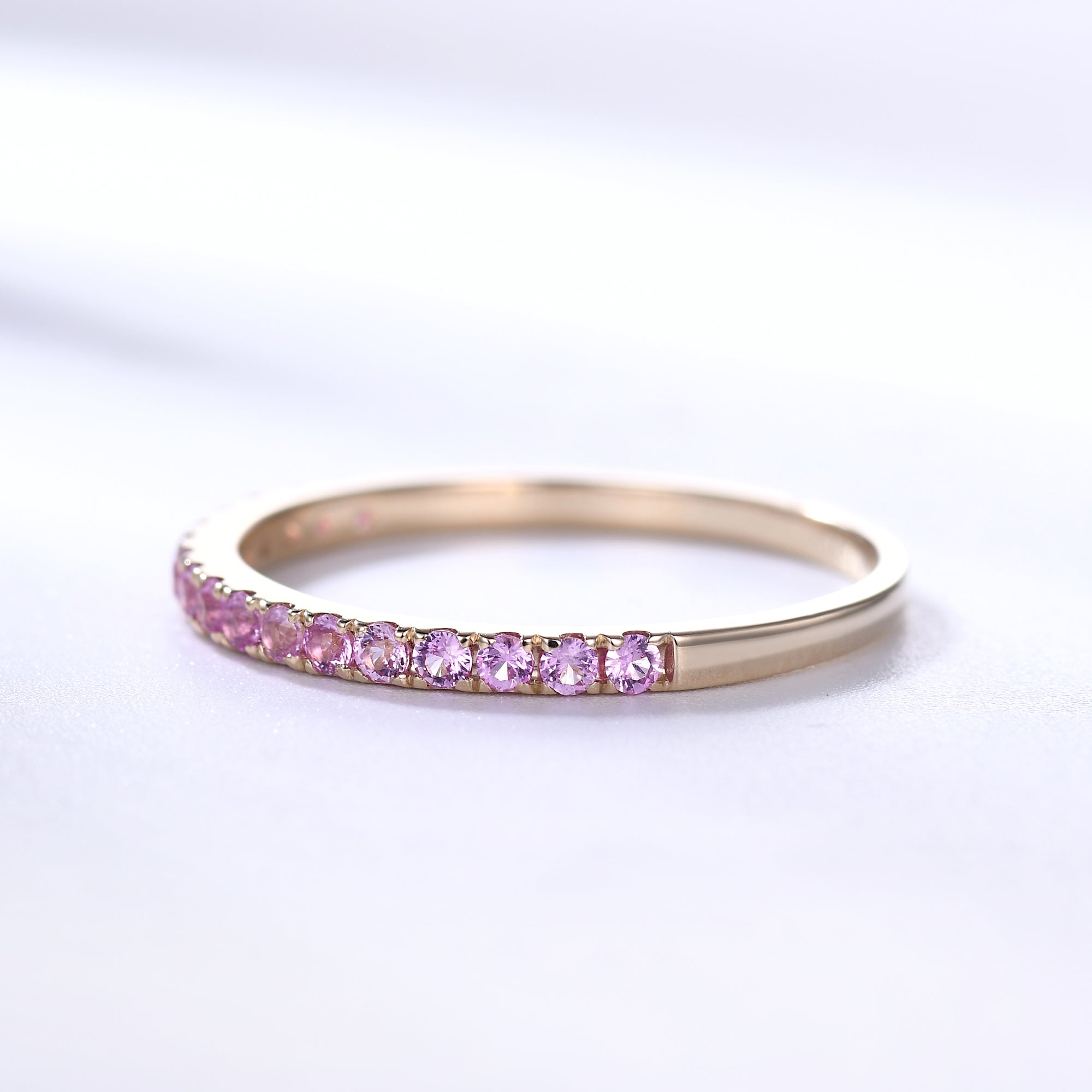 Natural Pink Sapphire Wedding Ring - 14k Rose Gold Half Eternity Band with Micro Pave (1.5mm) | Perfect for Engagement, Anniversary & Bridal Jewelry Gifts