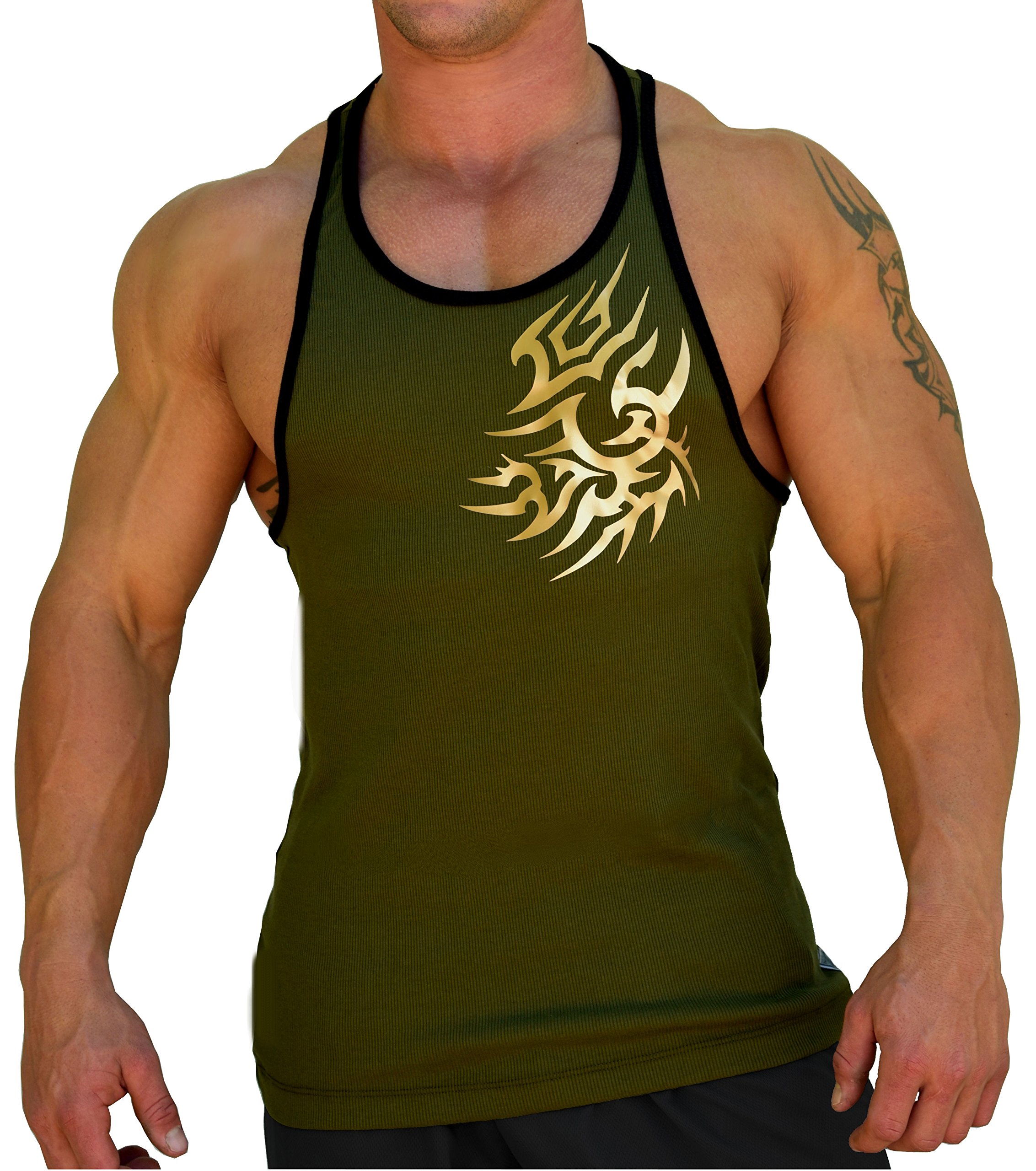 Army Green Bodybuilder Stringer Tank Top with Gold Razor Design - Gym Workout & Bodybuilding Apparel for Men - Perfect for Weightlifting, Fitness Training & Muscle Showcase