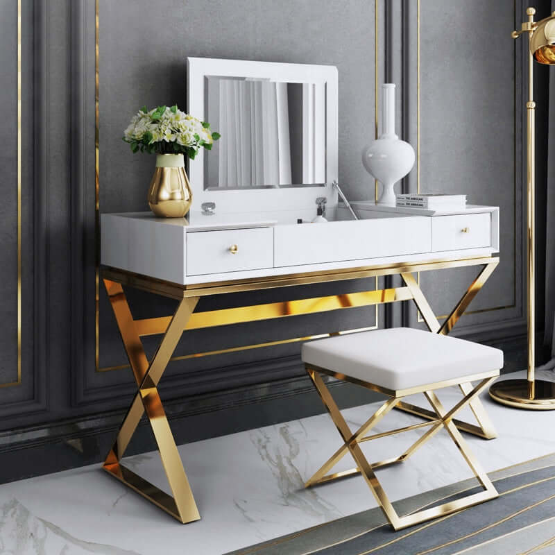 Modern 2-Drawer Wooden Makeup Vanity Set with Mirror & Stool - Gold X Base Stainless Steel for Bedroom, Dressing Room & Beauty Salon | Elegant Vanity Table with Storage