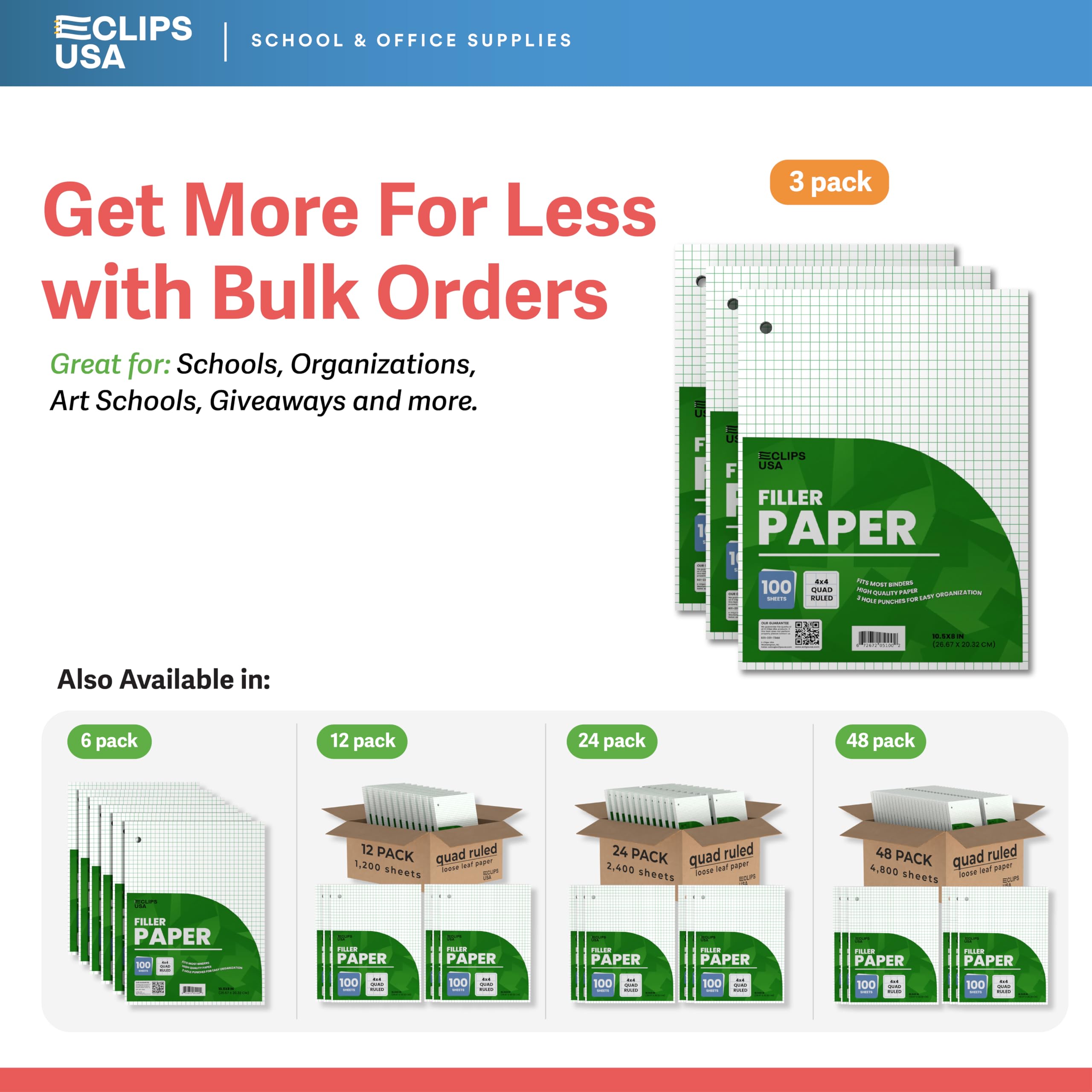 Graph Paper Notebook 3-Pack, 4x4 Quad Ruled (4 Squares per Inch) - 10.5