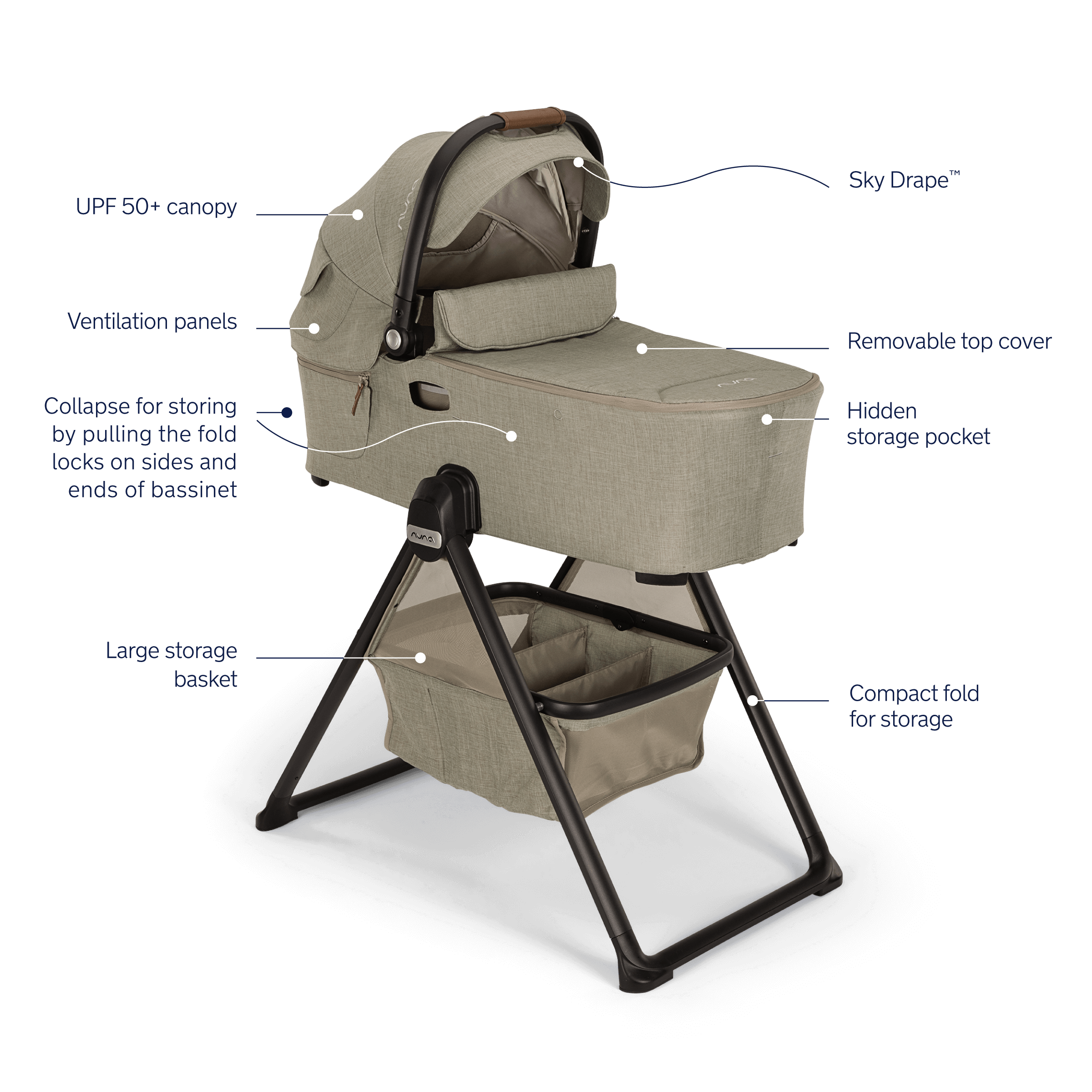 Nuna DEMI Next Bassinet with Stand - Premium Granite Gray Baby Crib for Newborns & Infants | Perfect for Nursery, Bedroom Co-Sleeping & Travel