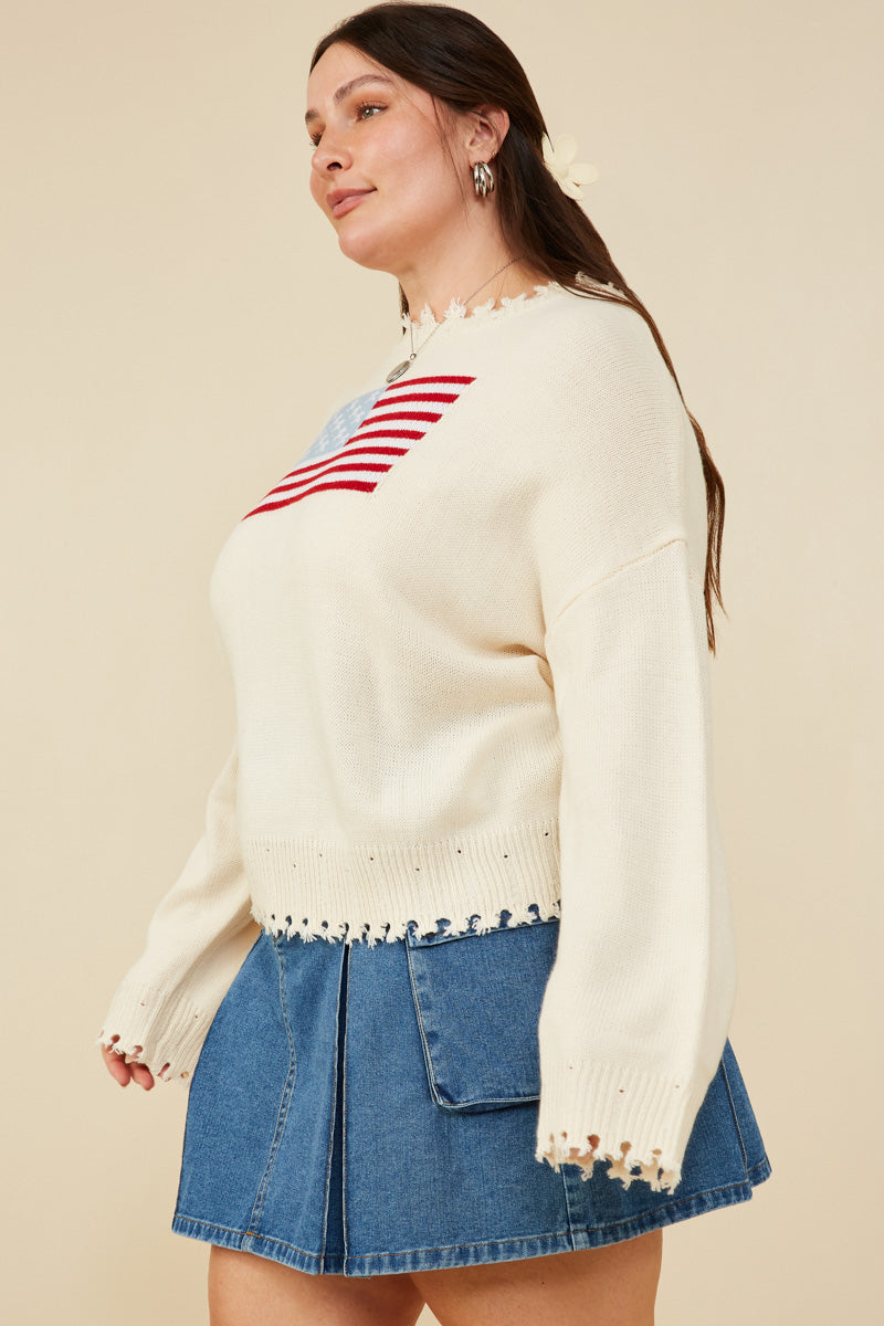 Women's Distressed Old Glory Graphic Sweater - Vintage American Flag Pullover for Casual Wear, Fall Fashion & Patriotic Outfits