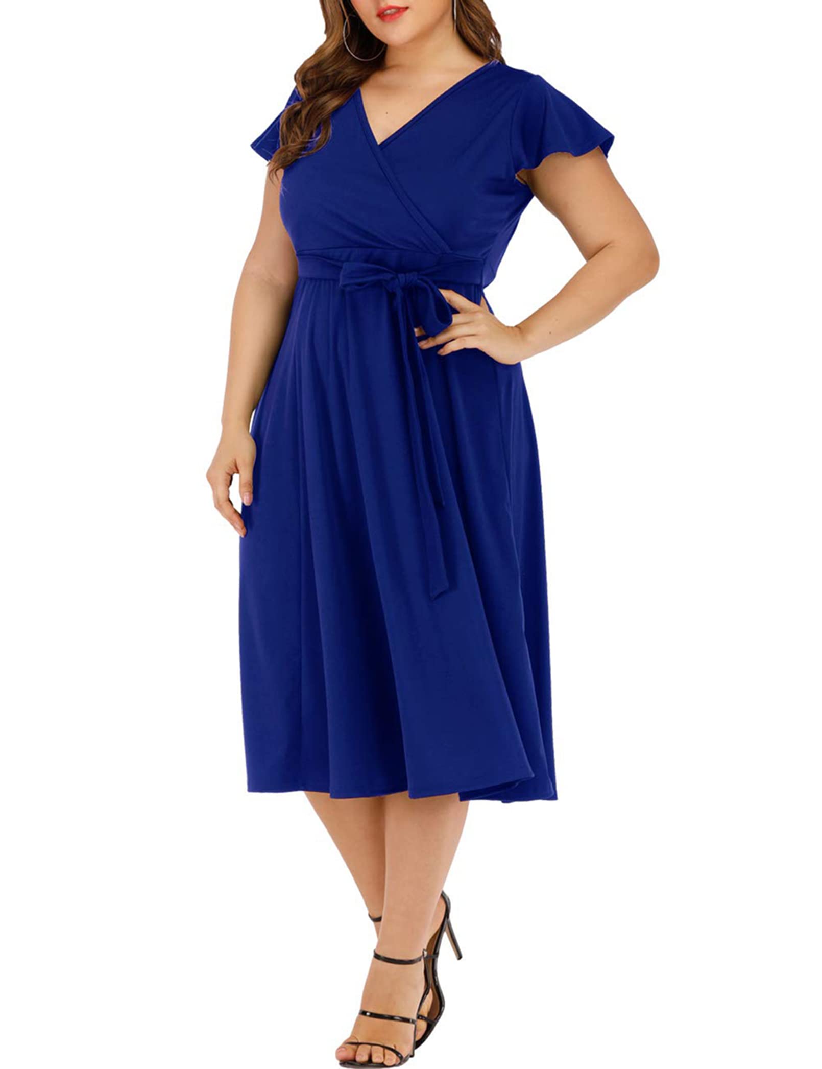 AGMIBRELR Women's Plus Size Flutter Sleeve Deep V-Neck A-Line Swing Midi Dress - Elegant Casual & Party Wear for Curvy Women