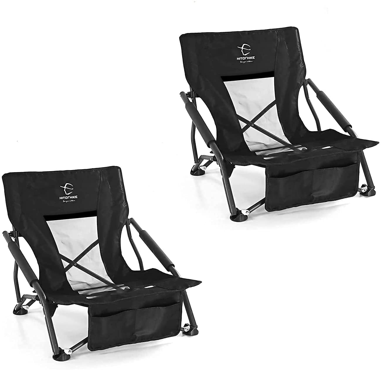 HITORHIKE Compact Folding Chair with Armrests & Breathable Mesh Back - Lightweight Portable Low Sling Beach Camping Concert Chair for Outdoor Relaxing, Picnics, Travel & Backyard Lounging