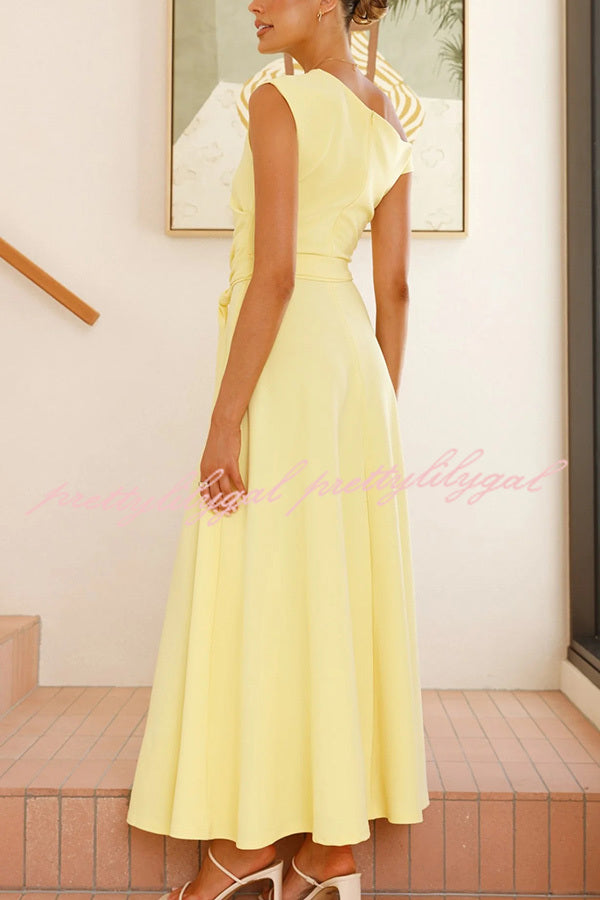 Elegant Solid Color Sloped Collar Slim Fit Waist Lace Up Maxi Dress for Women | Formal & Casual Occasions | Perfect for Weddings, Parties & Date Nights