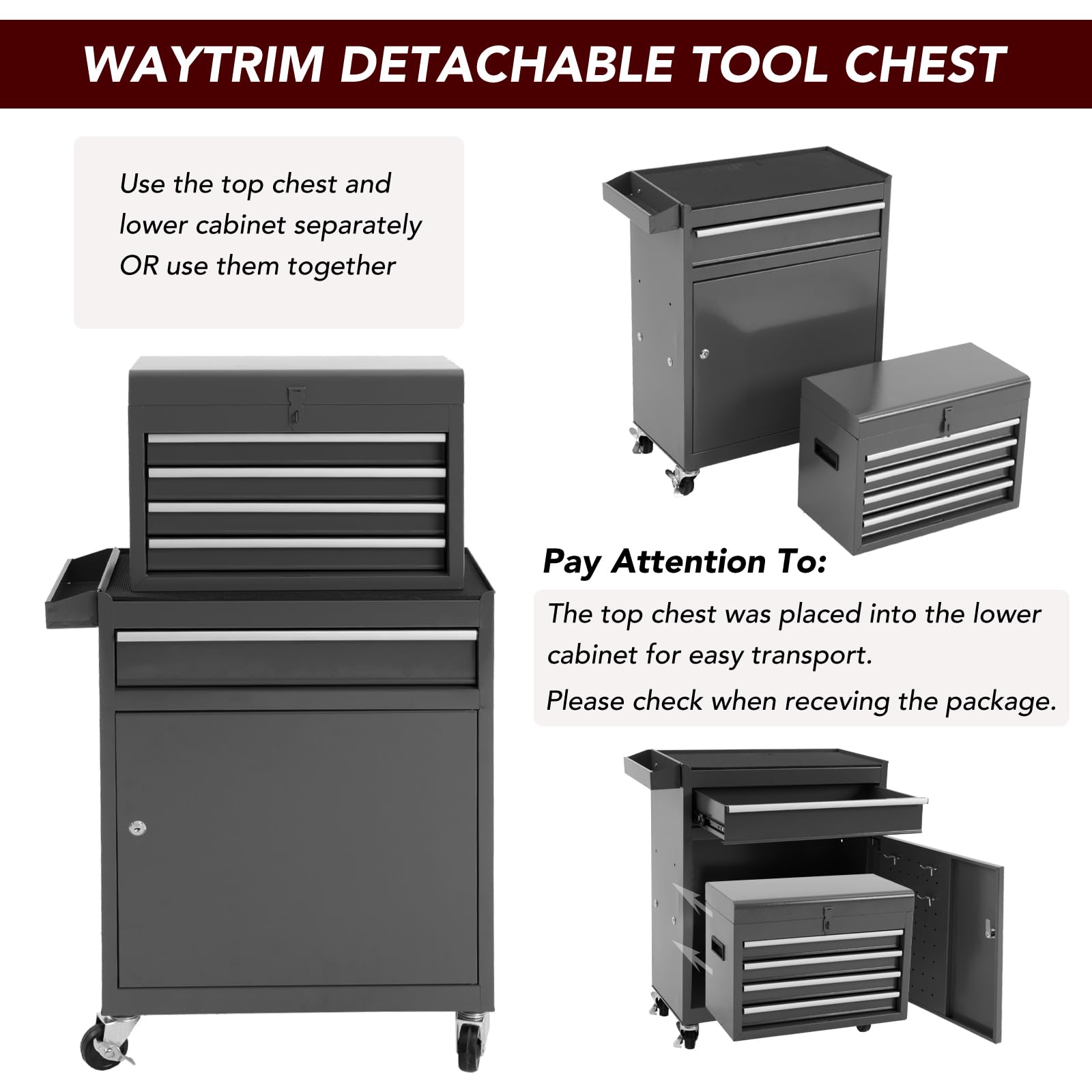 WAYTRIM 5-Drawer Rolling Tool Chest with Wheels & Lock - Heavy Duty Removable Tool Cabinet Storage Box, Adjustable Shelf, Portable Tool Organizer for Garage, Workshop, Warehouse & Auto Repair Shop (Black)