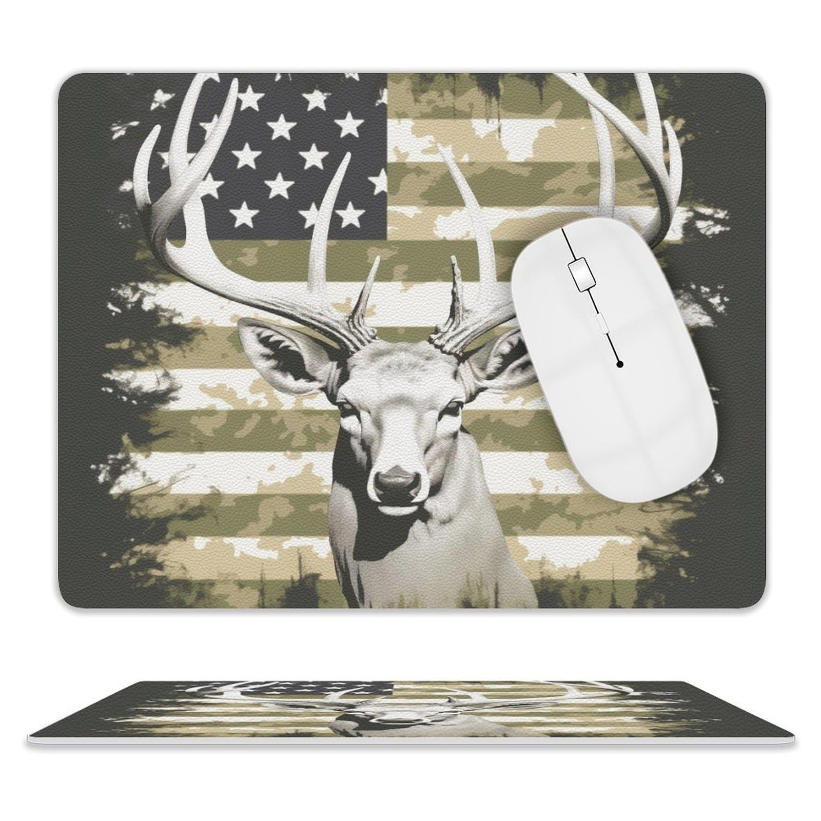Camouflage Deer Hunting Leather Mouse Pad - Non-Slip Small Black 8x10 Inch Computer Mouse Mat for Gaming & Office Work