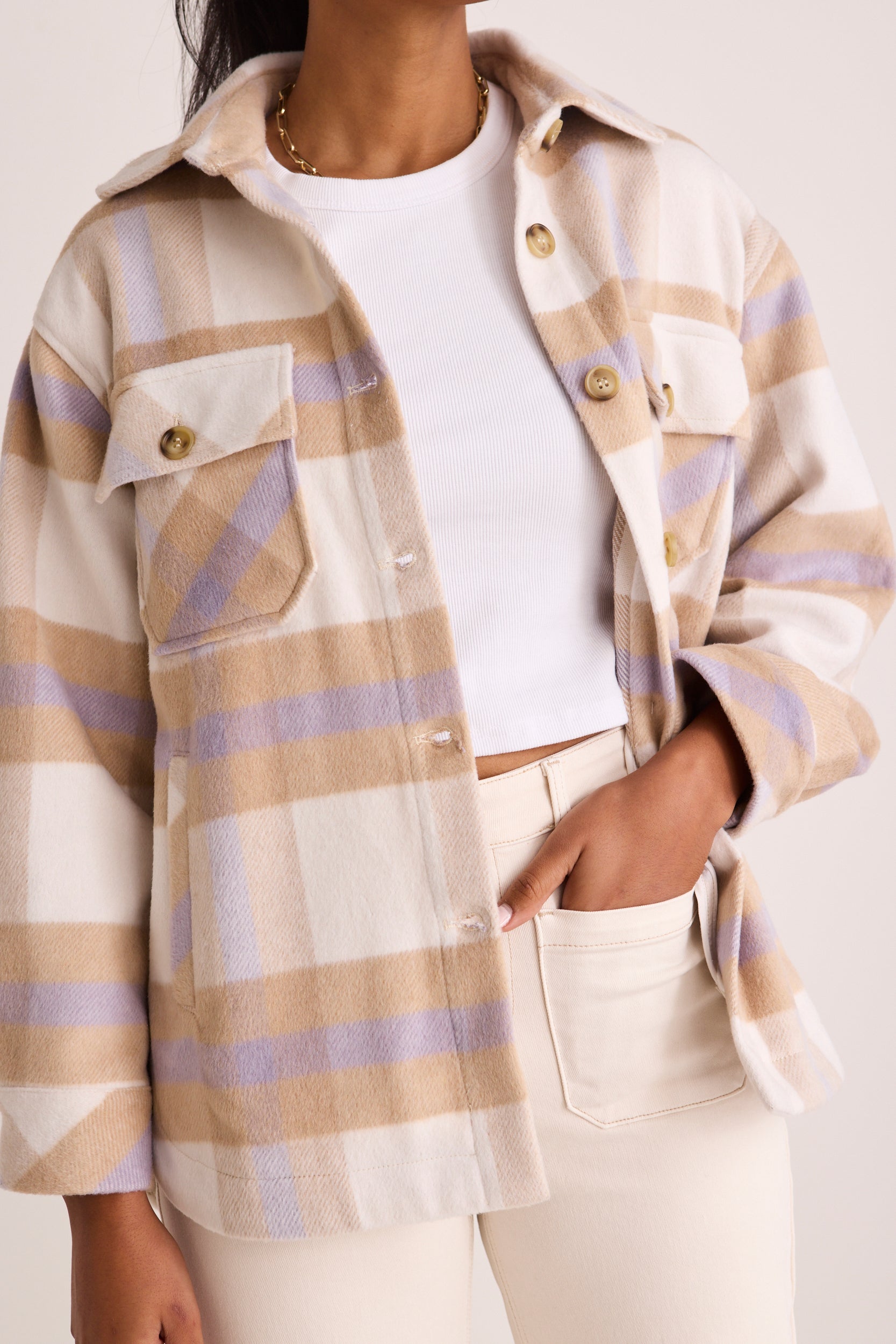Oslo Tan Purple Check Shacket - Stylish Overshirt for Men & Women | Perfect for Fall & Winter Layering, Outdoor Adventures & Casual Wear