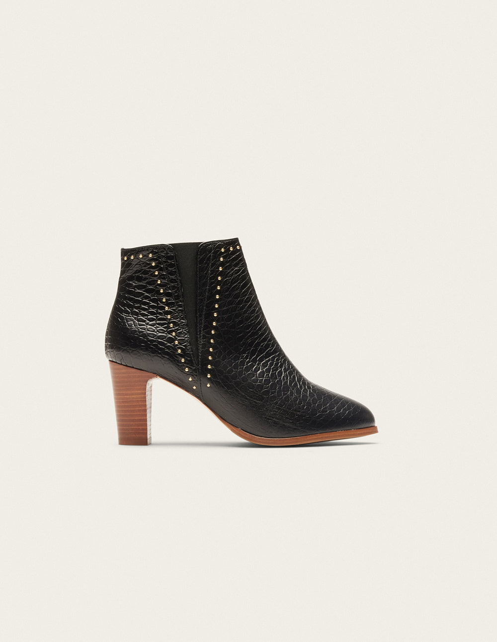 Black Crocodile Embossed Leather Booties with Studs - Women's High Heel Ankle Boots for Party, Night Out & Office Wear