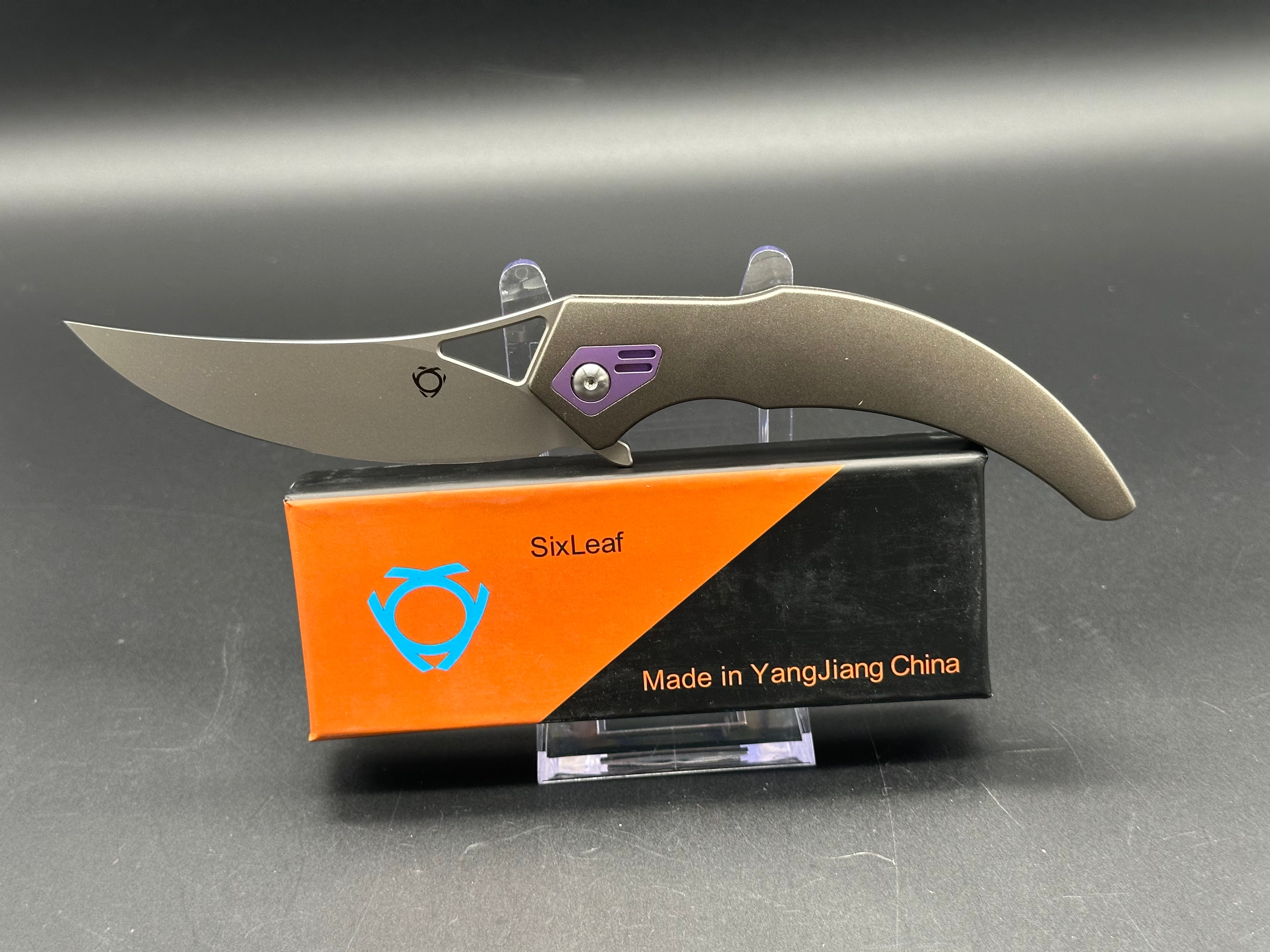 SixLeaf Rattle Snake Design Pocket Knife - Plain Edge D2 Blade, Sandwashed Titanium Handle - EDC, Outdoor, Camping & Survival Tool