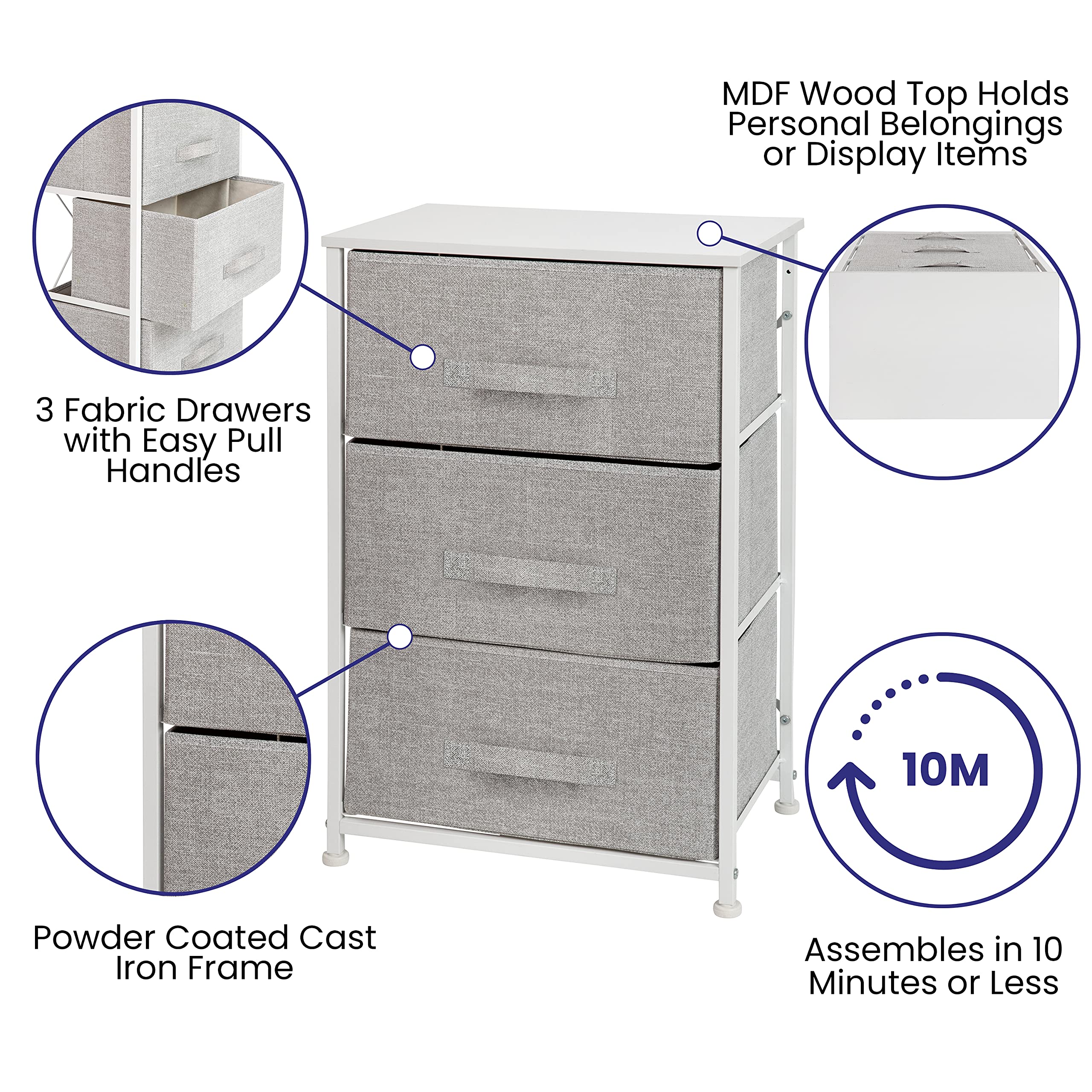 Flash Furniture 3-Drawer Dresser - White Cast Iron Frame & Wood Top for Bedroom Storage