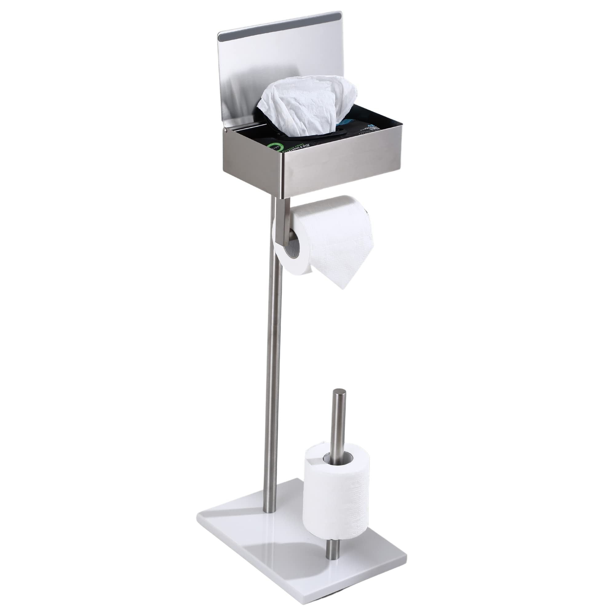 Day Moon™ Brushed Nickel Free Standing Toilet Paper Holder with Storage Shelf - Modern Bathroom Tissue Dispenser & Wipes Organizer - Space Saving Design for Small Bathrooms, Powder Rooms and RVs