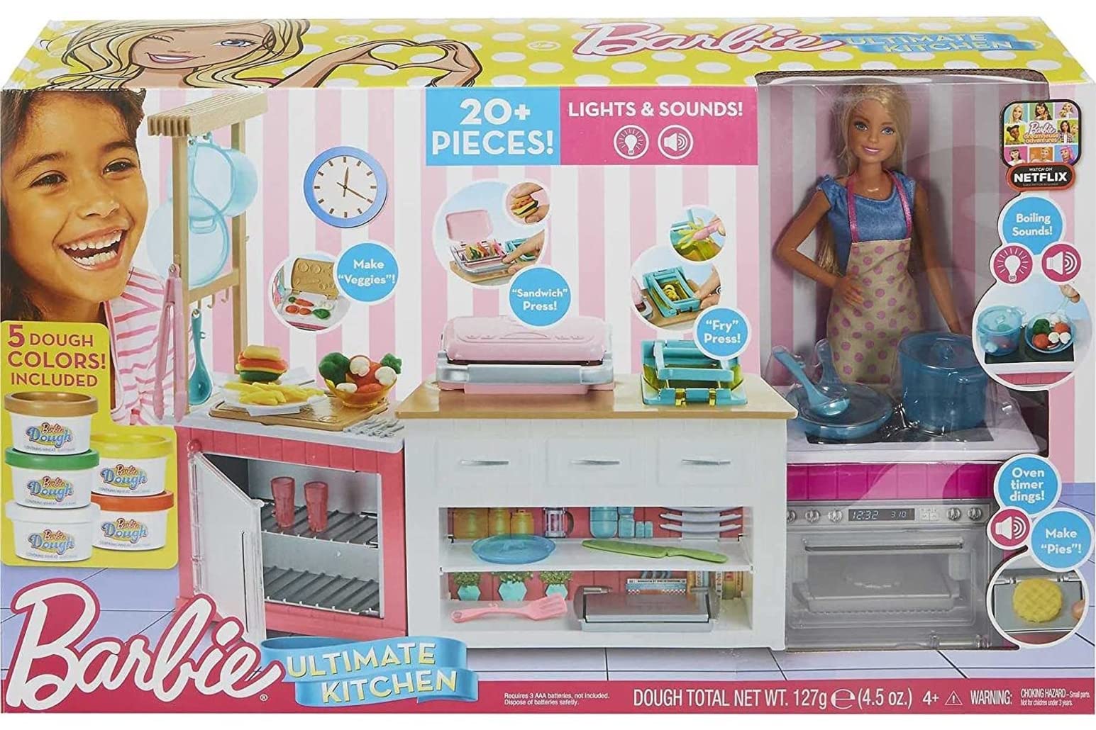 Barbie Careers Playset - Ultimate Kitchen Set with Blonde Chef Fashion Doll, 5 Dough Colors, 20+ Accessories & Lights/Sounds | Pretend Play Cooking Toy for Girls Ages 3-6 | Perfect for Birthday Gifts & Role Play Fun (Amazon Exclusive)