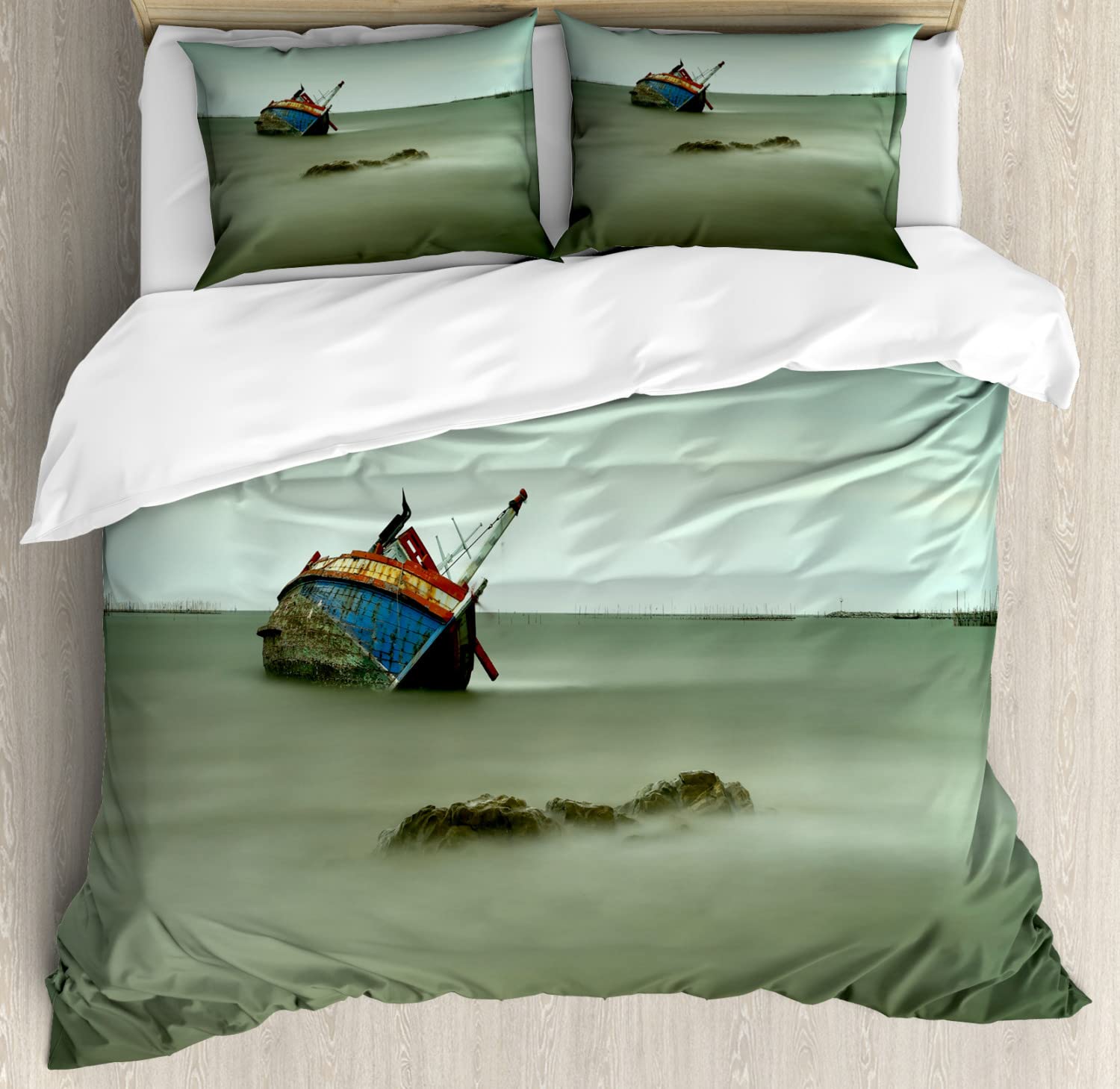 Ambesonne Shipwreck Duvet Cover Set - Vintage Derelict Fishing Boat Photo Design, King Size 2-Piece Bedding Set with 4 Pillowcases, Grey Blue Ocean Theme - Perfect for Coastal, Nautical & Beach House Bedroom Decor