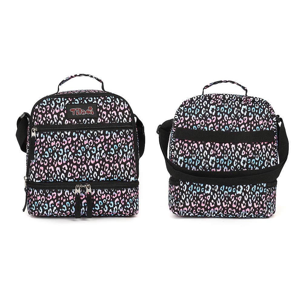 Tilami Insulated Lunch Bag for Kids & Toddlers - Adjustable Strap, 2 Compartment Zipper Cooler Bag, Leopard Print Design - Perfect for School, Picnics & Outdoor Activities