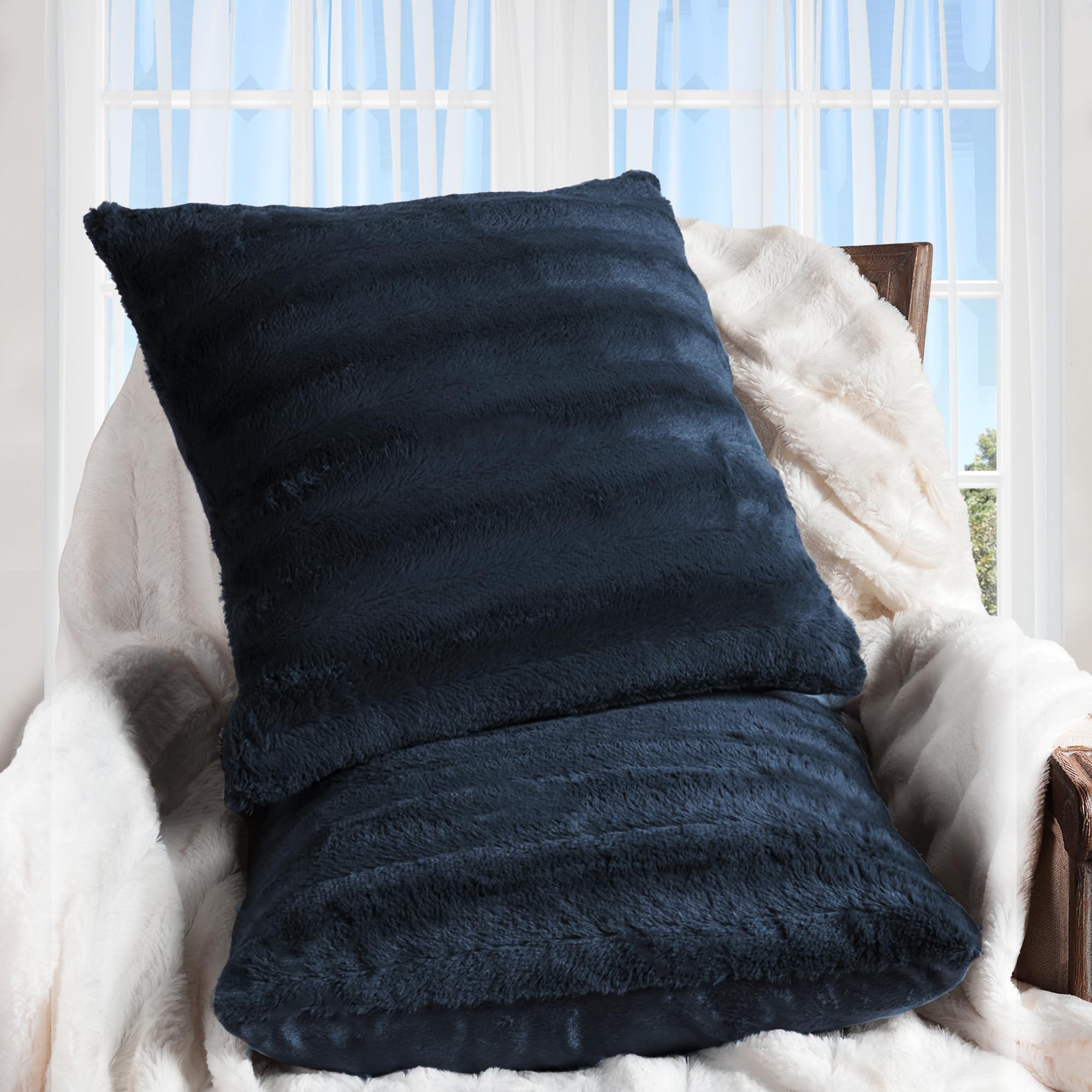 Luxury Faux Fur Throw Pillows Set of 2 - 24x24 Inch Soft Decorative Couch & Bed Pillows, Blue Accent Pillows for Living Room & Bedroom Aesthetic - Perfect for Cozy Home Decor & Stylish Sofa Styling