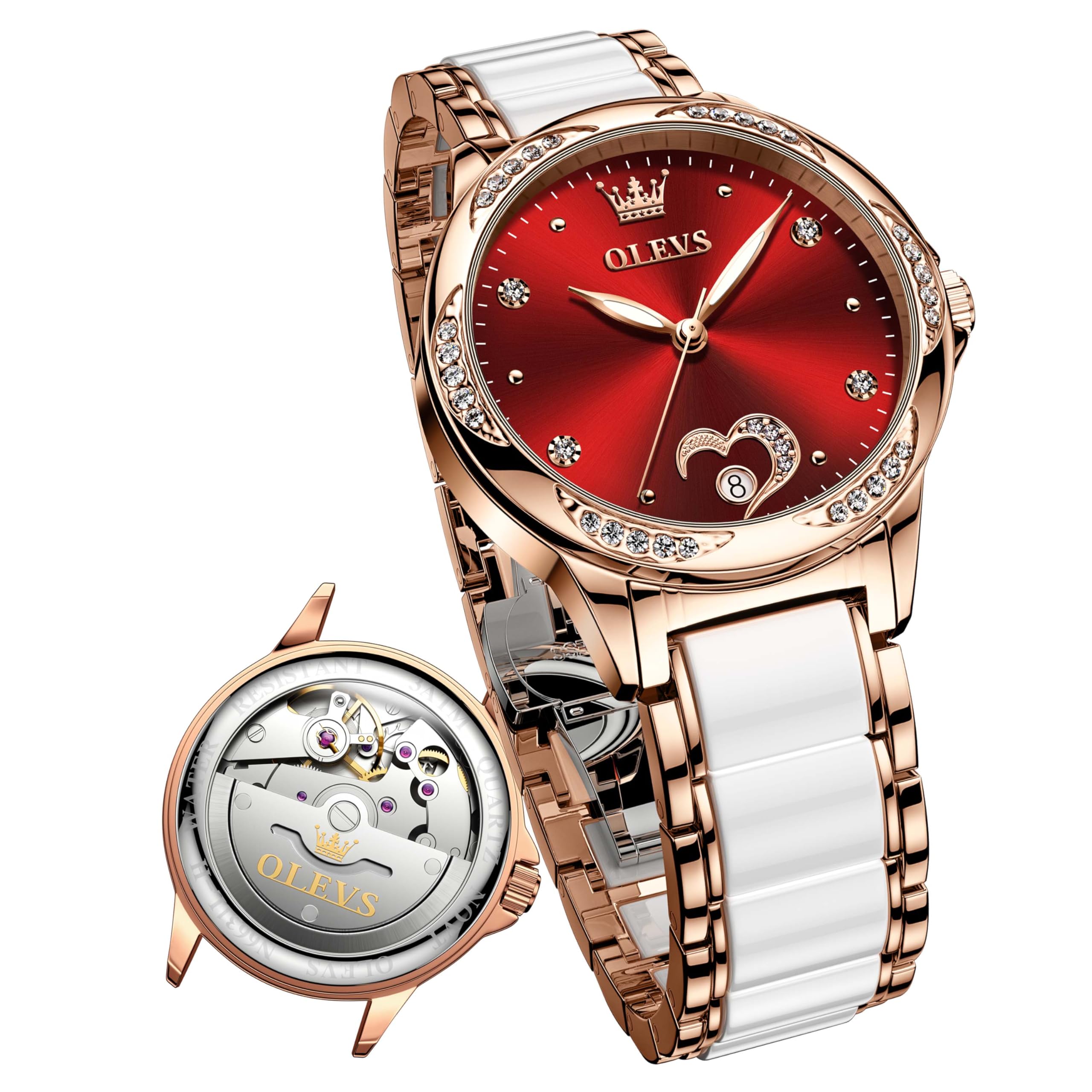 OLEVS Women's Luxury Diamond Automatic Self-Winding Watch - Elegant Stainless Steel & Ceramic Dress Watch with Luminous Hands, Waterproof for Daily Wear - Perfect for Business, Evening Events & Special Occasions