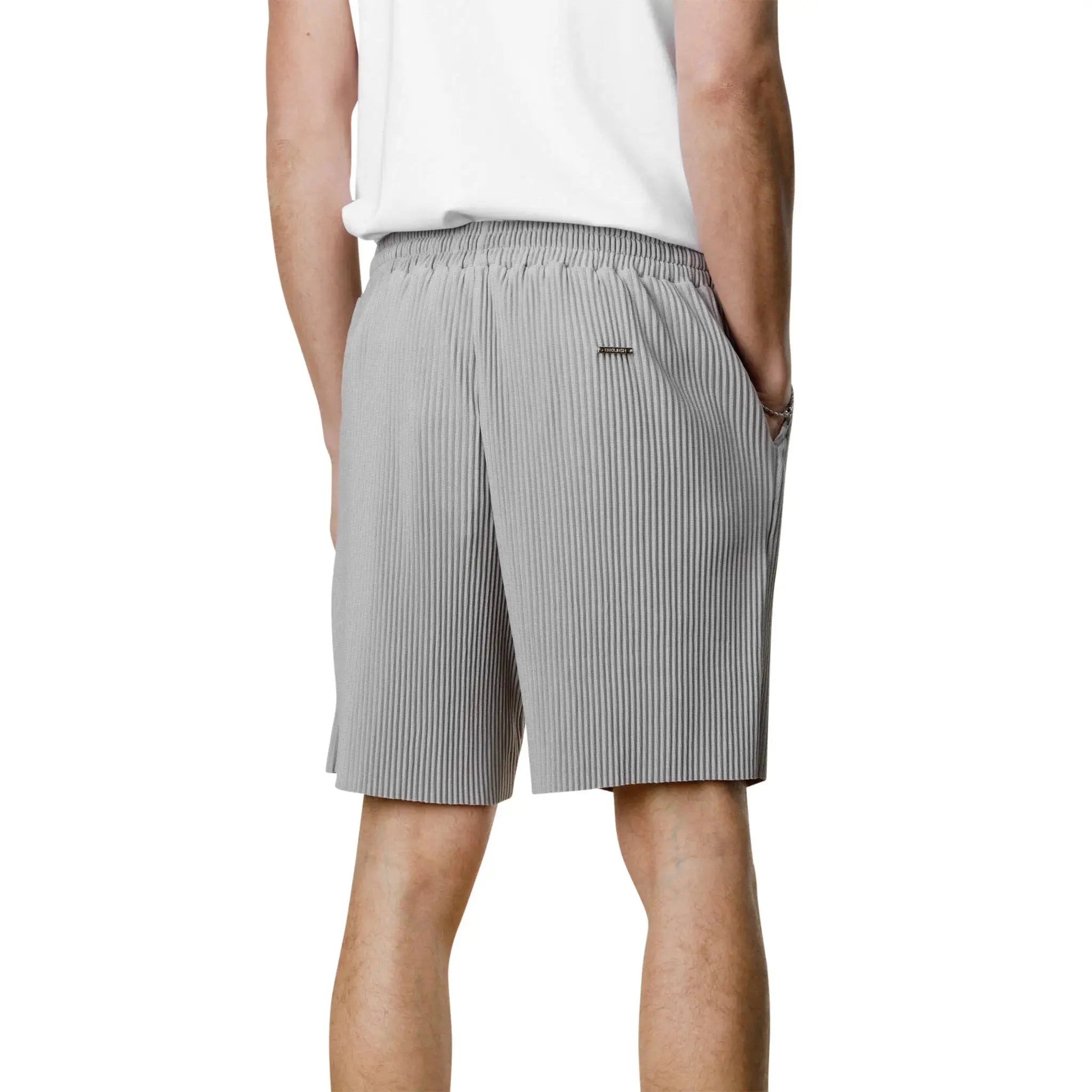 Belier Pleated Light Grey Resort Shirt & Shorts Set - Stylish Summer Vacation Outfit for Men, Beachwear, Tropical Holiday, Poolside Lounge & Casual Wear